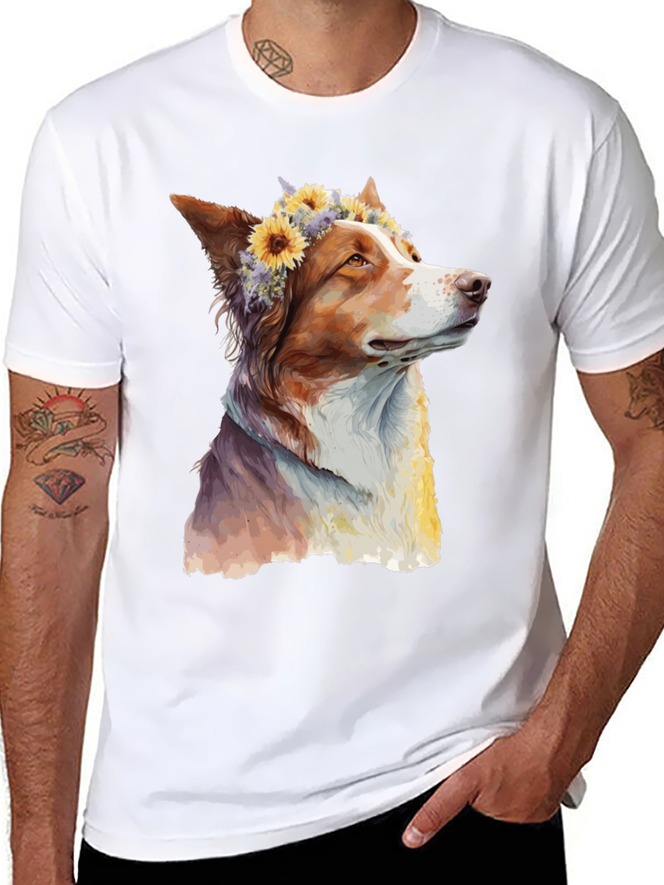 Black Dog with Flowers Graphic Tee - Artistic Print view 8