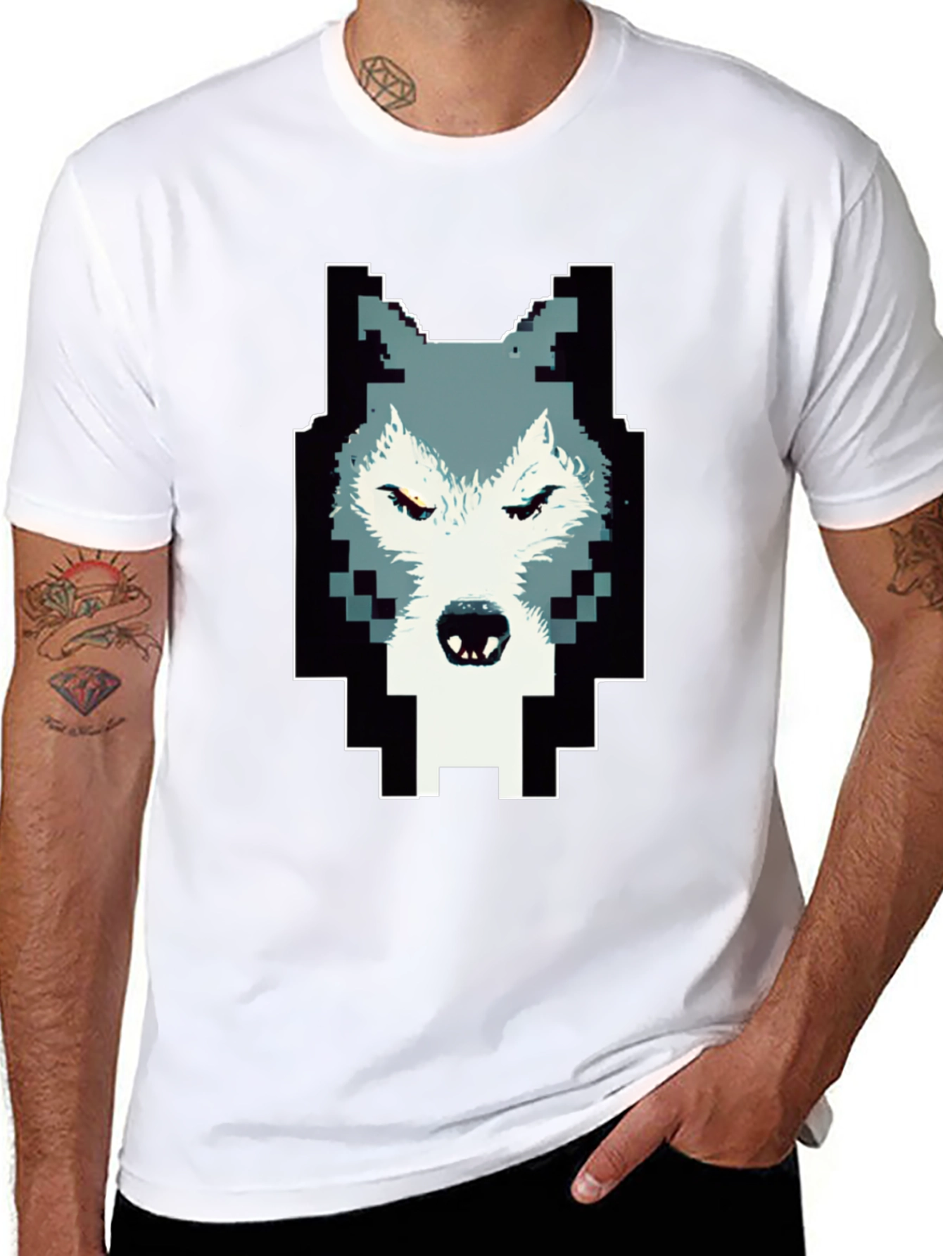 Black Pixelated Wolf Graphic Tee - Cool Design view 8