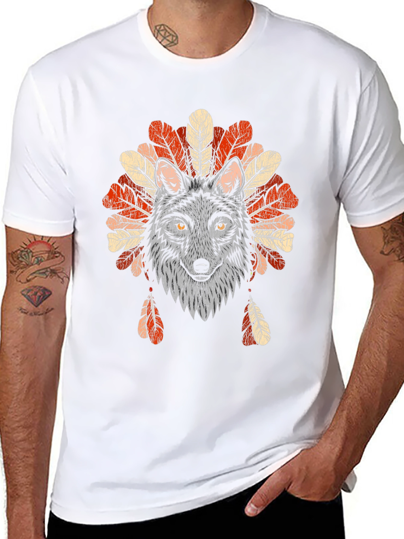 Black Wolf Headdress Graphic Tee - Native American Style T-Shirt view 8