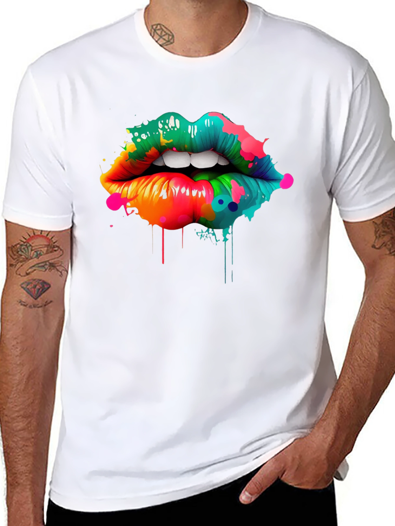 Black Colorful Lips Graphic Print T-Shirt view 8