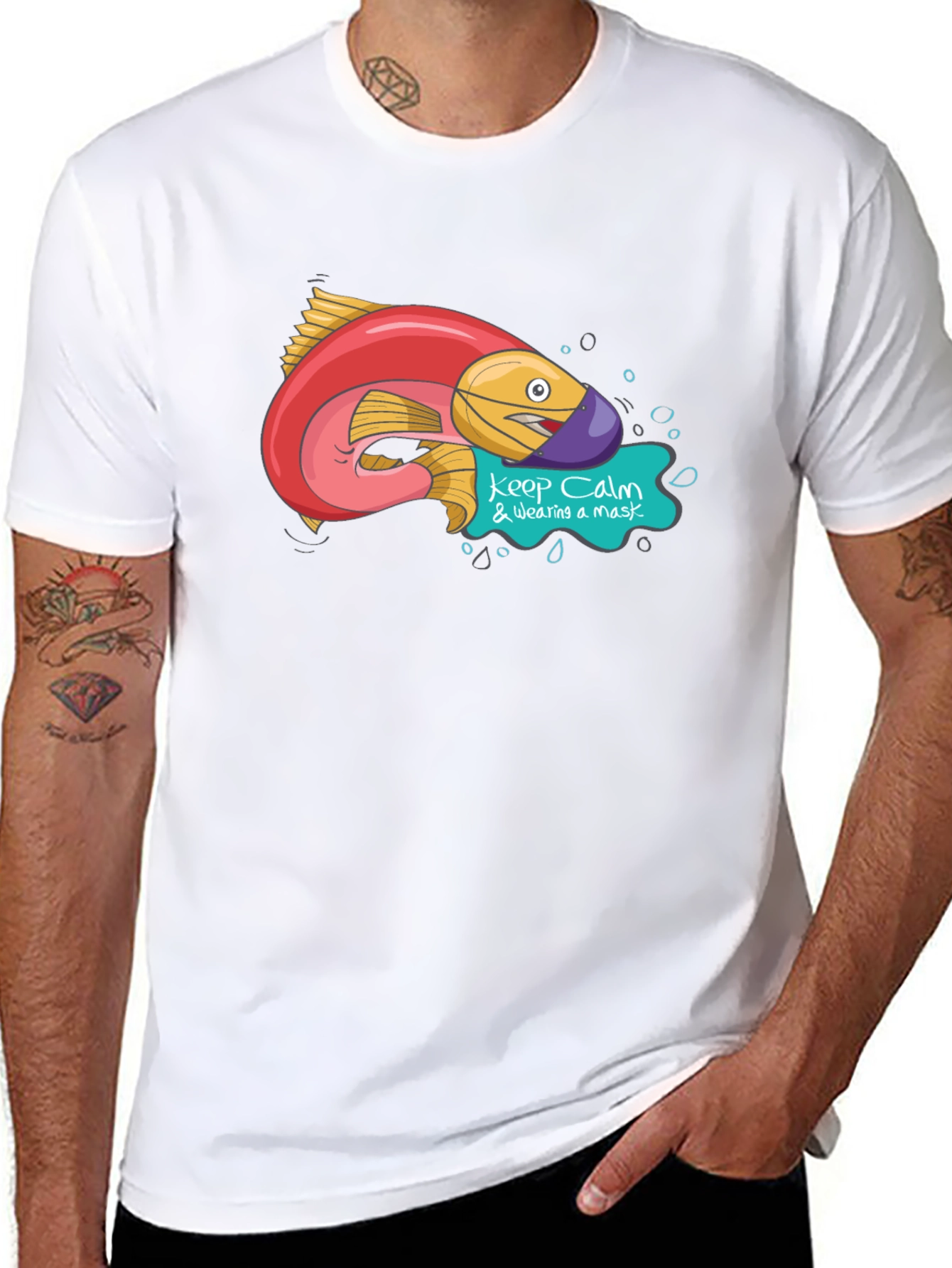 Black Funny Fish Wearing Mask Graphic T-Shirt view 8