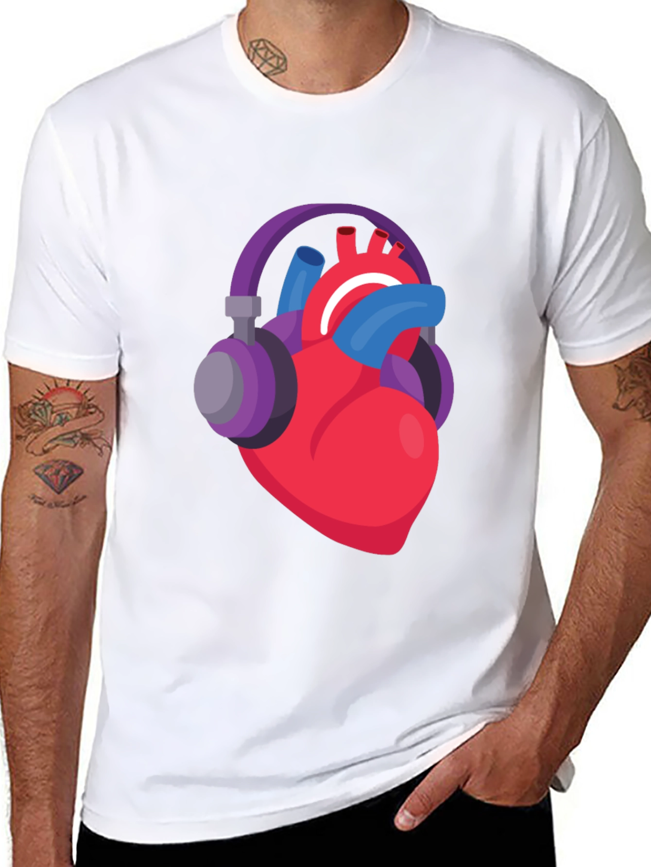 Black Heartbeat Headphones Graphic Tee - Music Lover Shirt view 8
