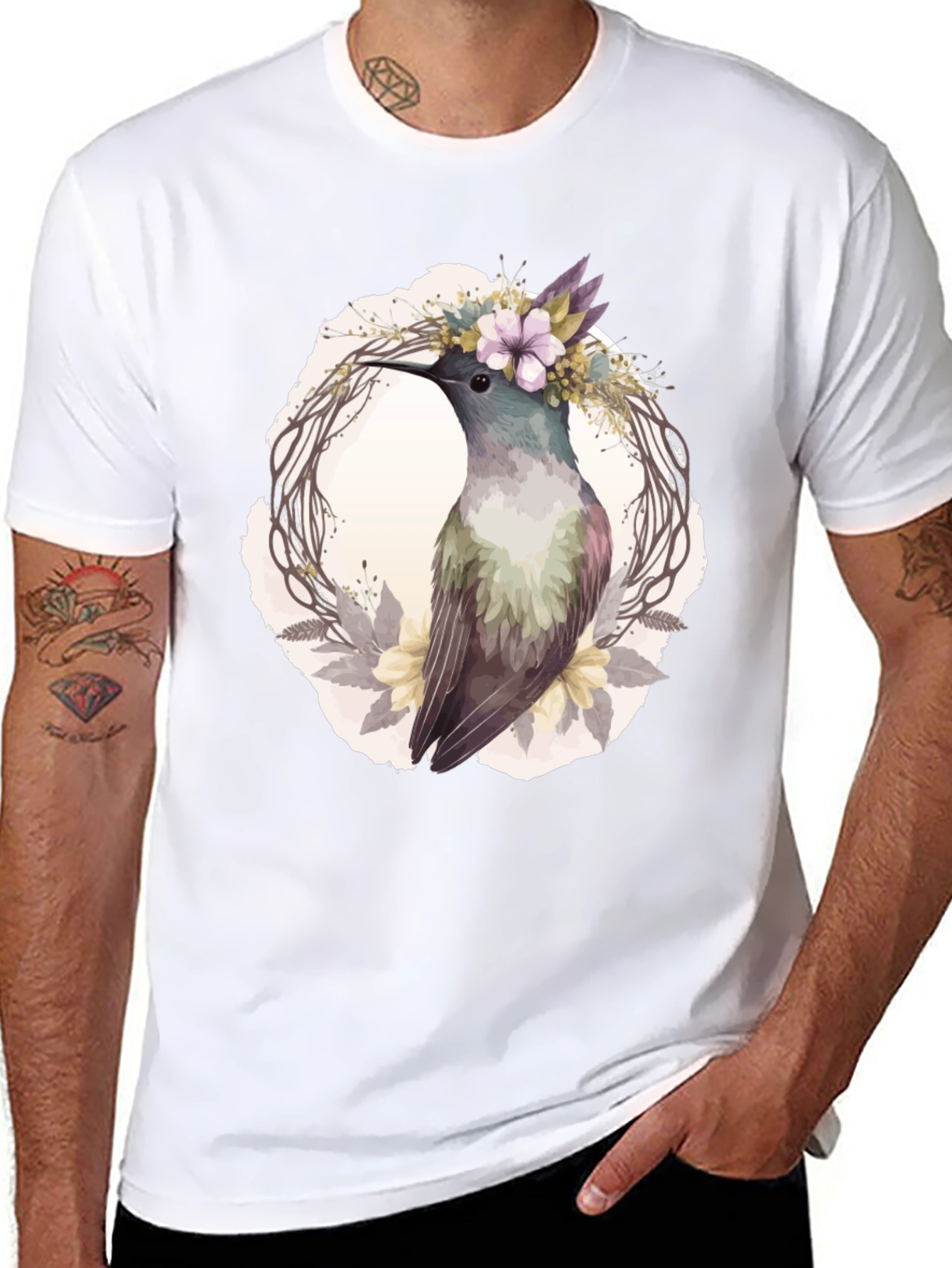 Black Hummingbird Floral Wreath T-Shirt - Nature Lover Tee view 8