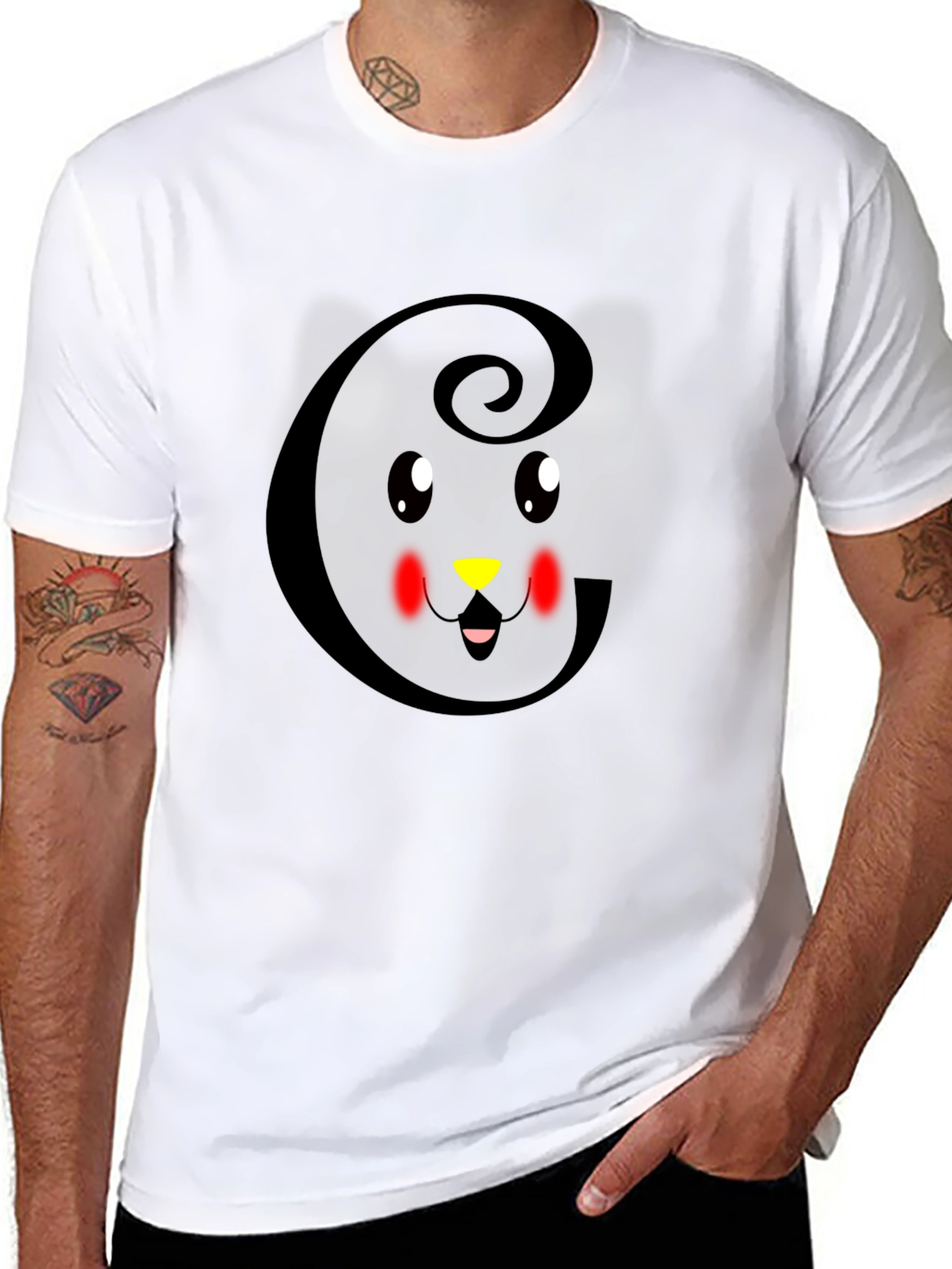 Black Cute Cat Initial 'G' Black T-Shirt view 8