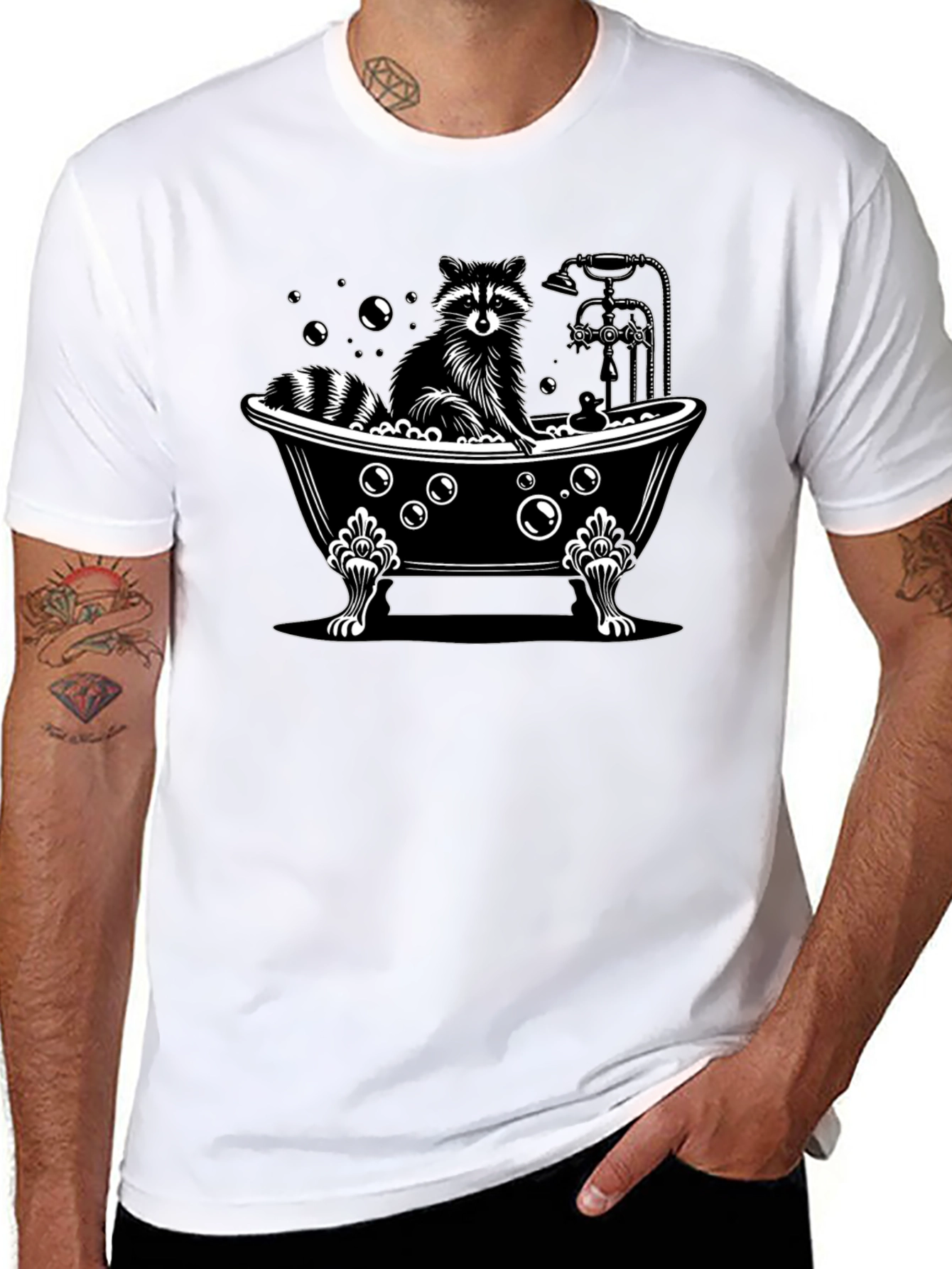 Black Raccoon Bathtub Graphic Tee - Unisex Black Cotton T-Shirt view 8