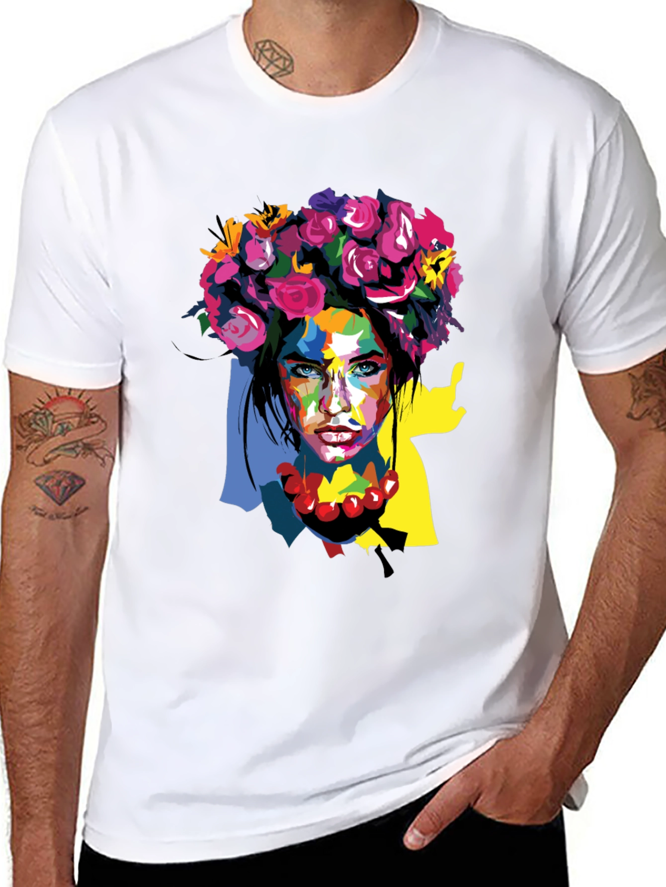 Black Floral Woman Graphic Tee - Artistic Fashion Shirt view 8