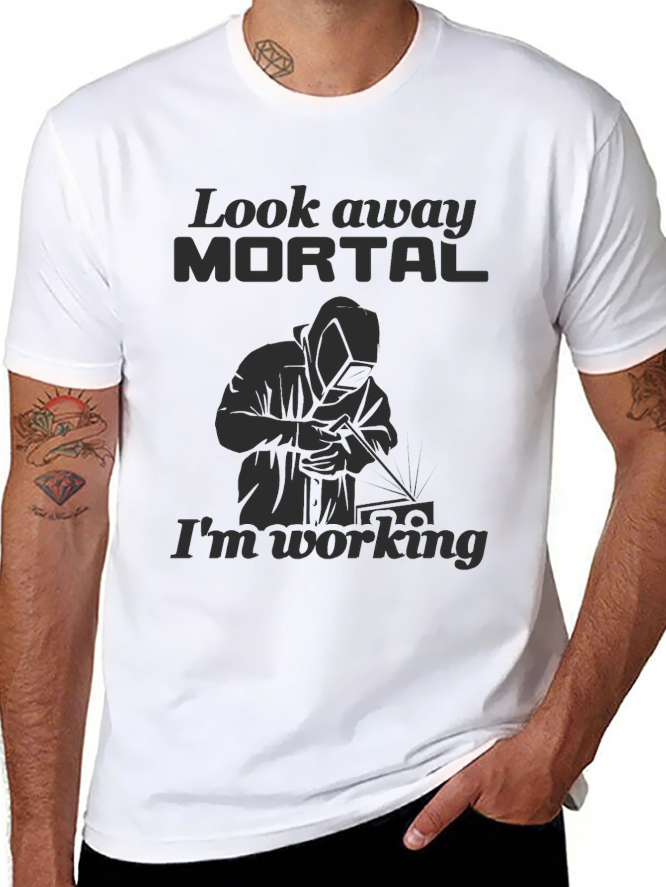 Black Look Away Mortal Funny Welder Black T-Shirt view 8