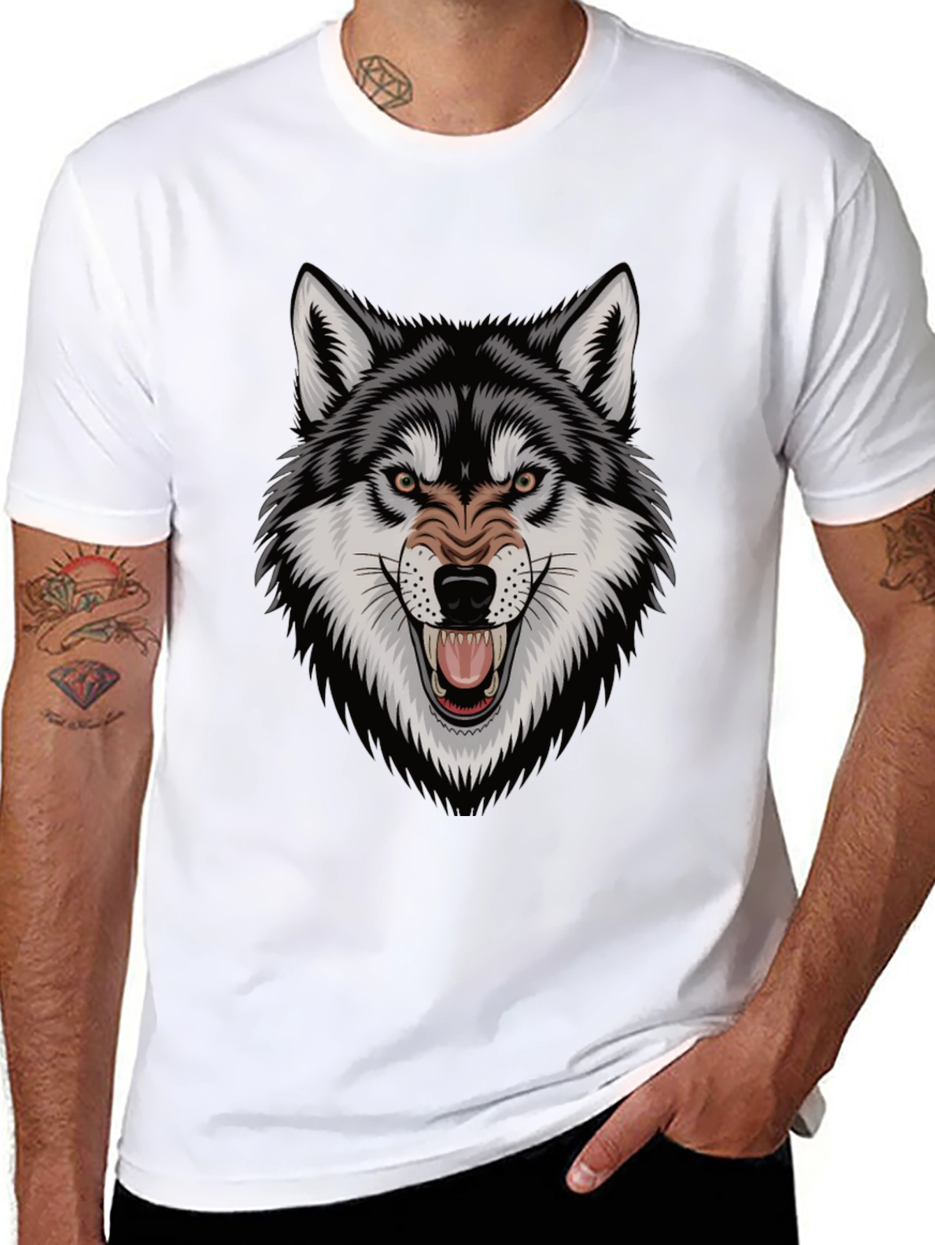 Black Men's Wolf Graphic Tee - Fierce Design, Black Cotton T-Shirt view 8