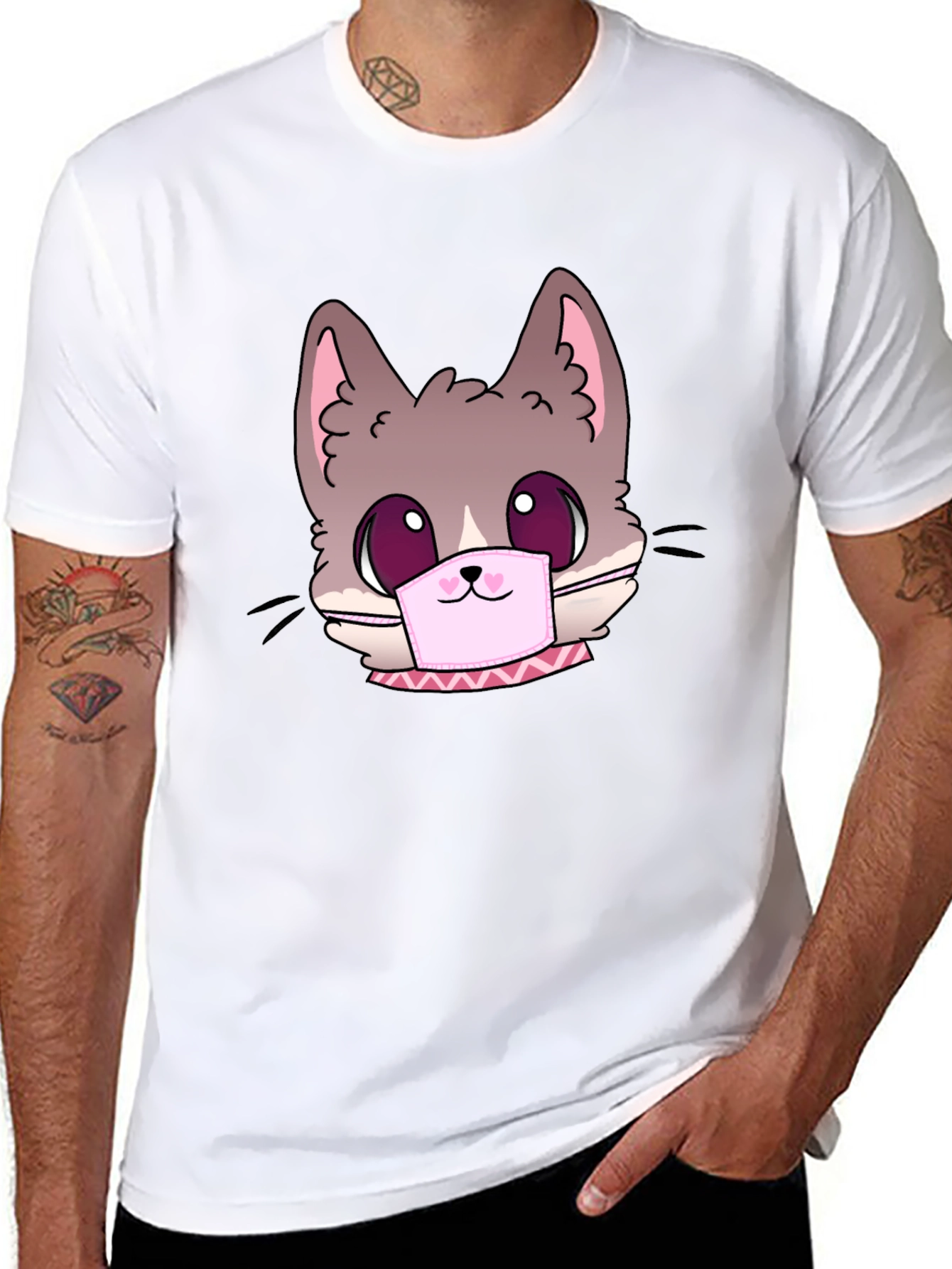 Black Cute Cat Face Mask Graphic T-Shirt view 8