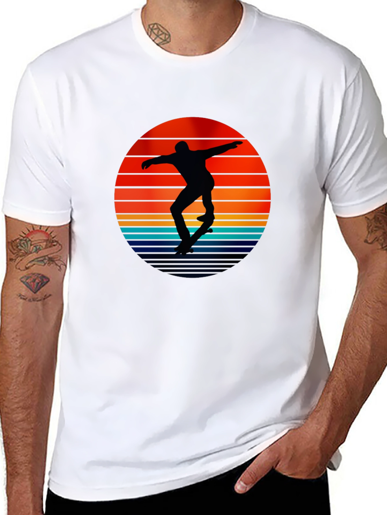 Black Retro Skateboarder Sunset Graphic T-Shirt view 8