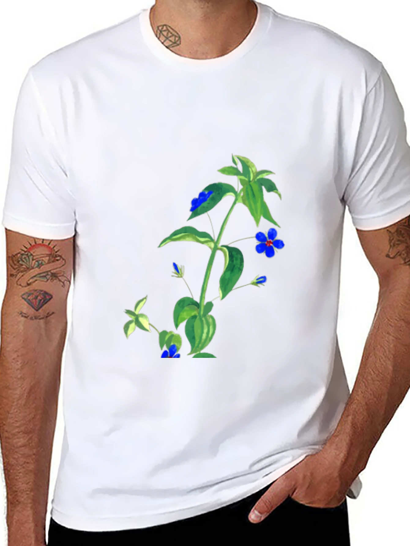 Black Botanical Blue Flower Graphic Black T-Shirt view 8