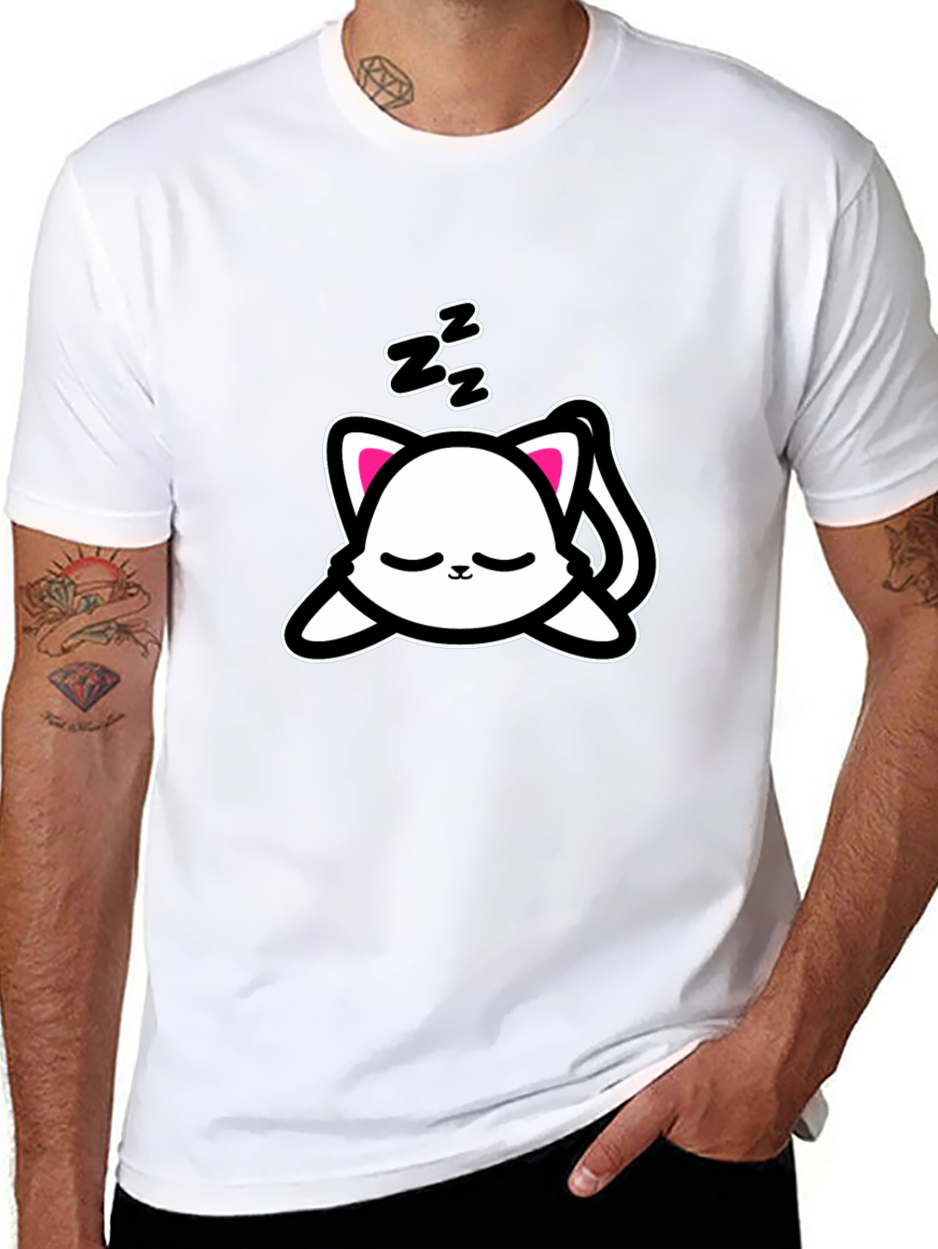 Black Cute Sleeping Cat Graphic Tee - Black view 8