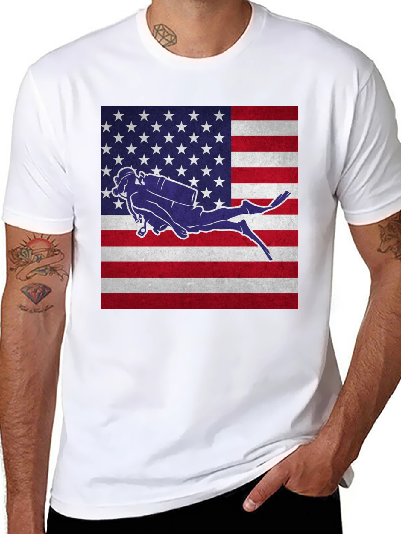 USA Flag Scuba Diver T-Shirt - Patriotic Dive Apparel - 8