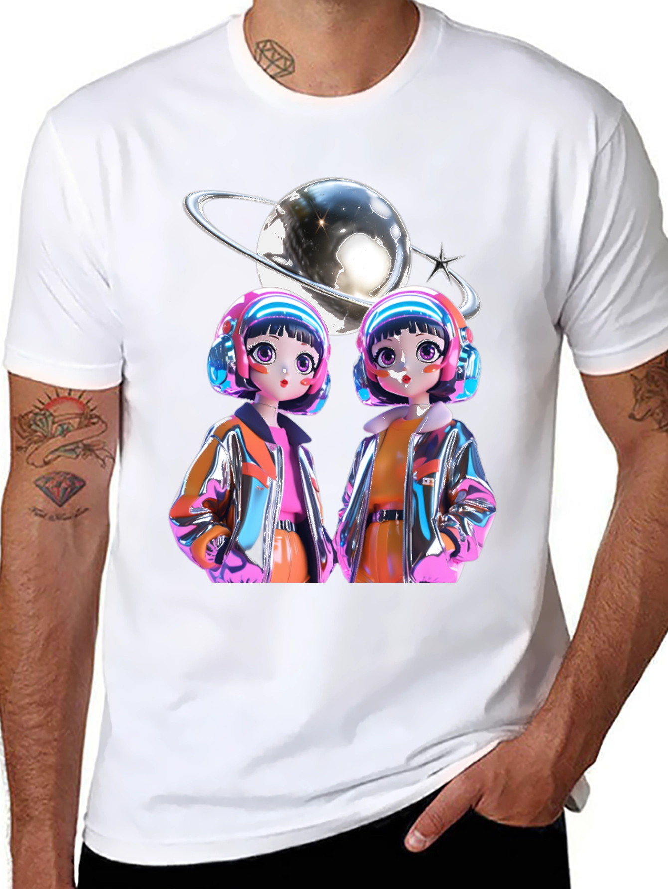 Black Retro Anime Twins Graphic Tee - Black Cotton T-Shirt view 8