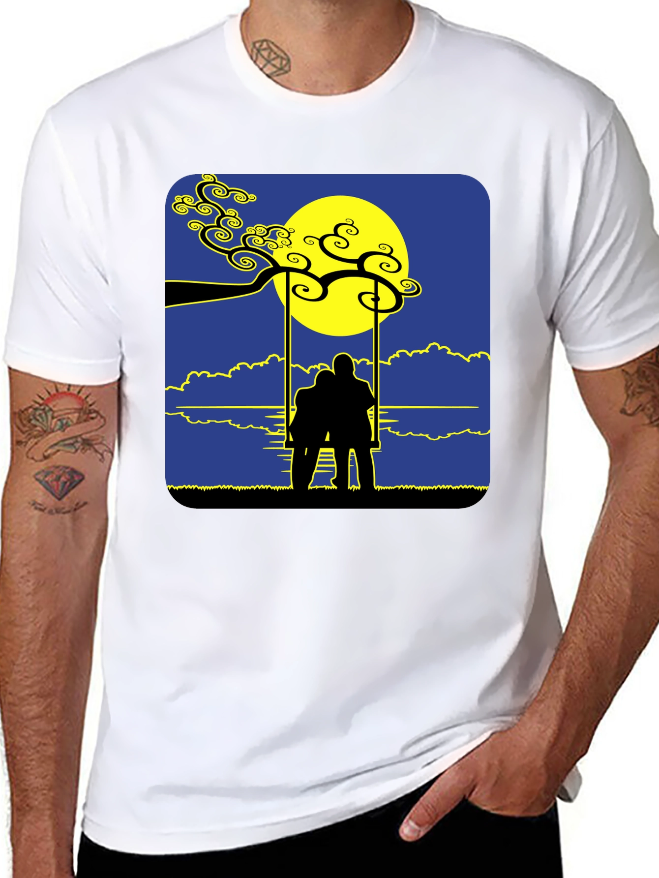 Black Romantic Silhouette Tee: Lovers on a Swing at Moonrise view 8