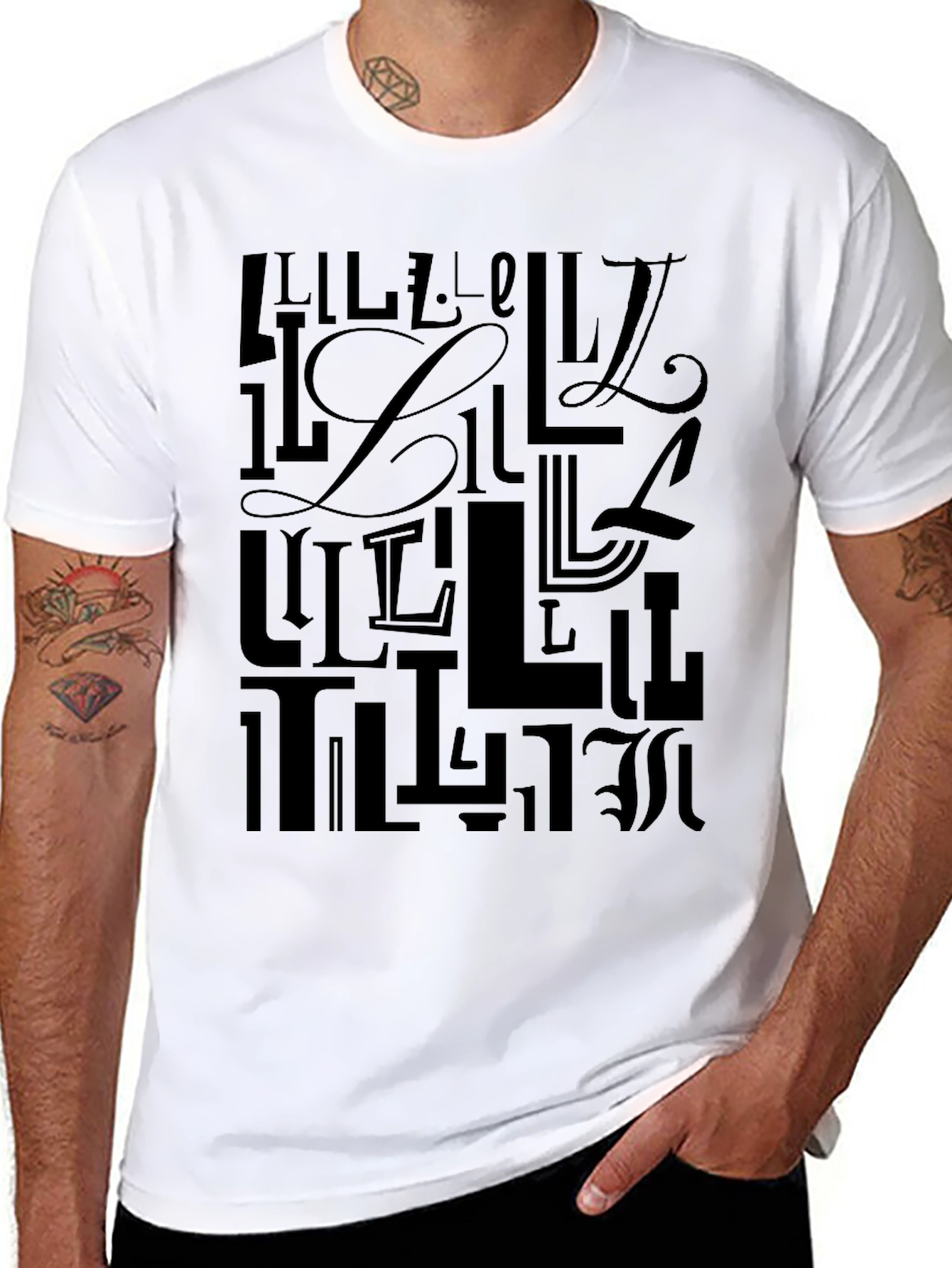Black Stylish Letter "L" Pattern Black T-Shirt view 8