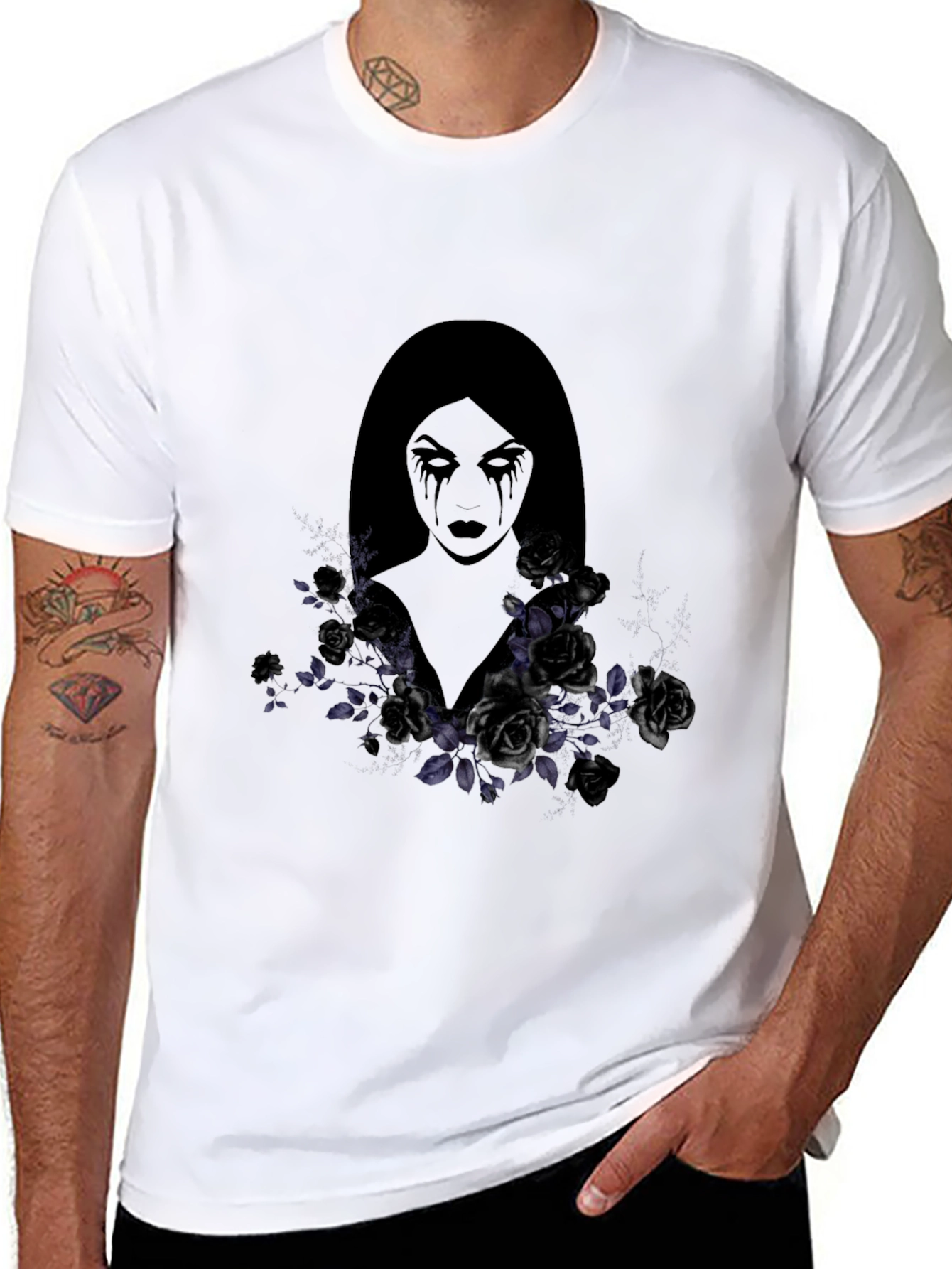 Black Gothic Woman & Roses Graphic Tee - Dark Aesthetic Shirt view 8