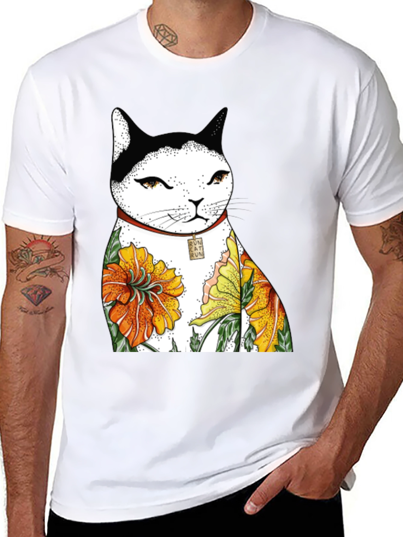 Black Cat & Flowers Black T-Shirt view 8