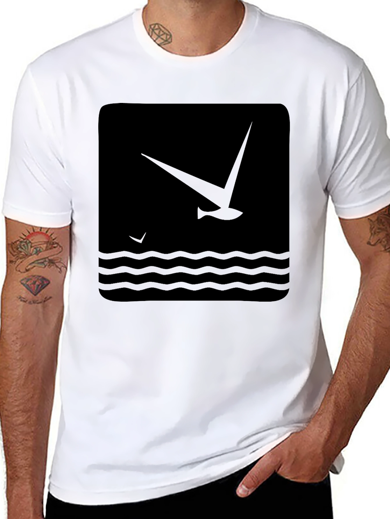 Black Black Graphic T-Shirt - Bird & Wave Design view 8