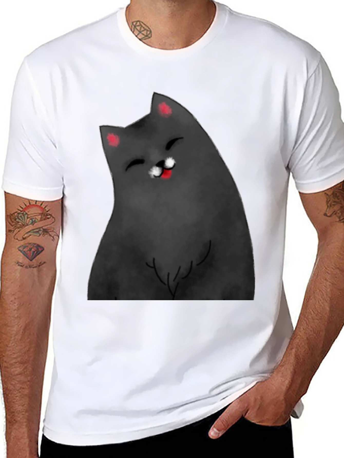 Black Smiling Cat Graphic Tee - Black Cotton Blend Shirt view 8