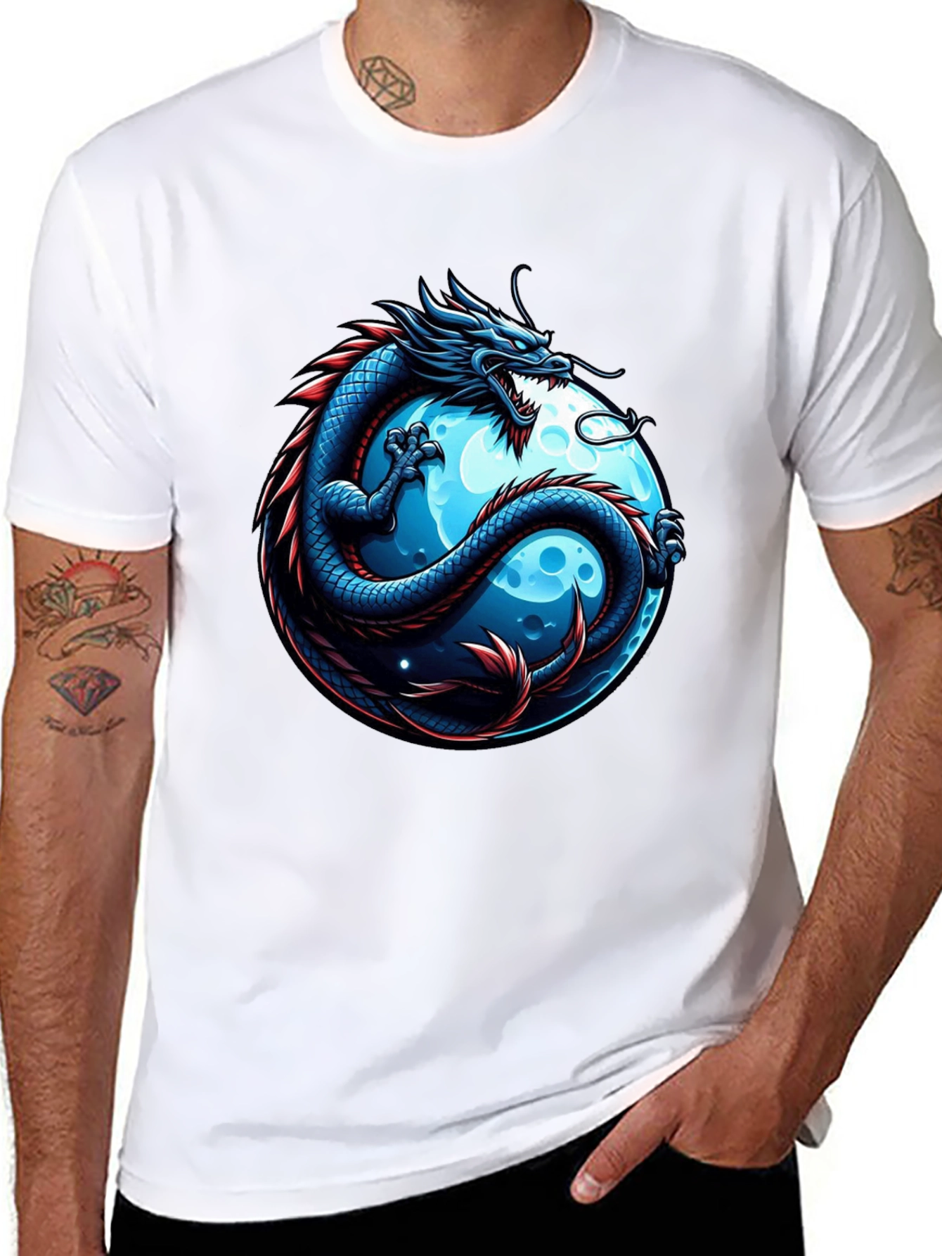 Black Dragon & Moon Graphic T-Shirt - Men's Black Tee view 8