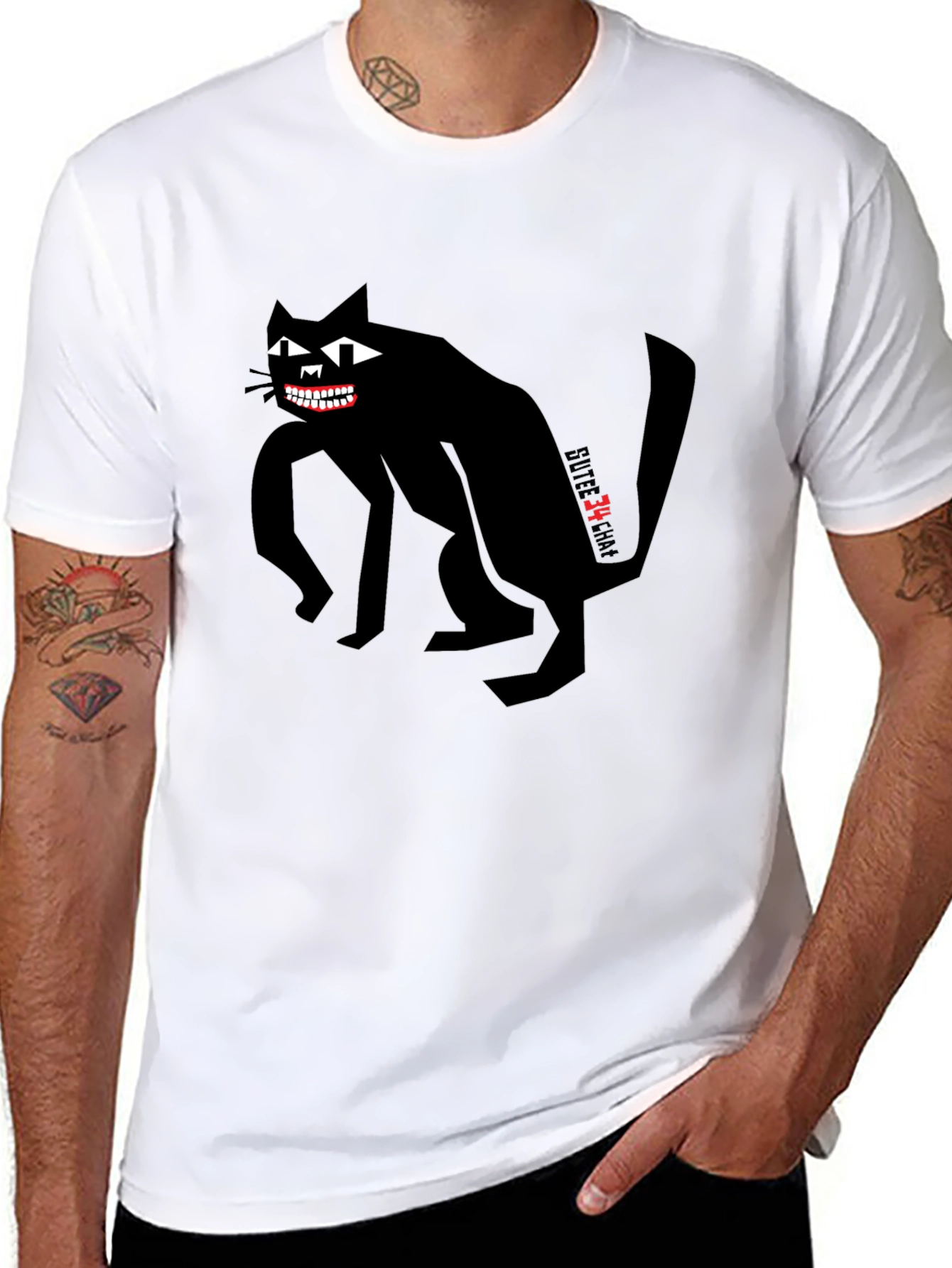 Black Creepy Cat Graphic Tee - Men's Black T-Shirt view 8