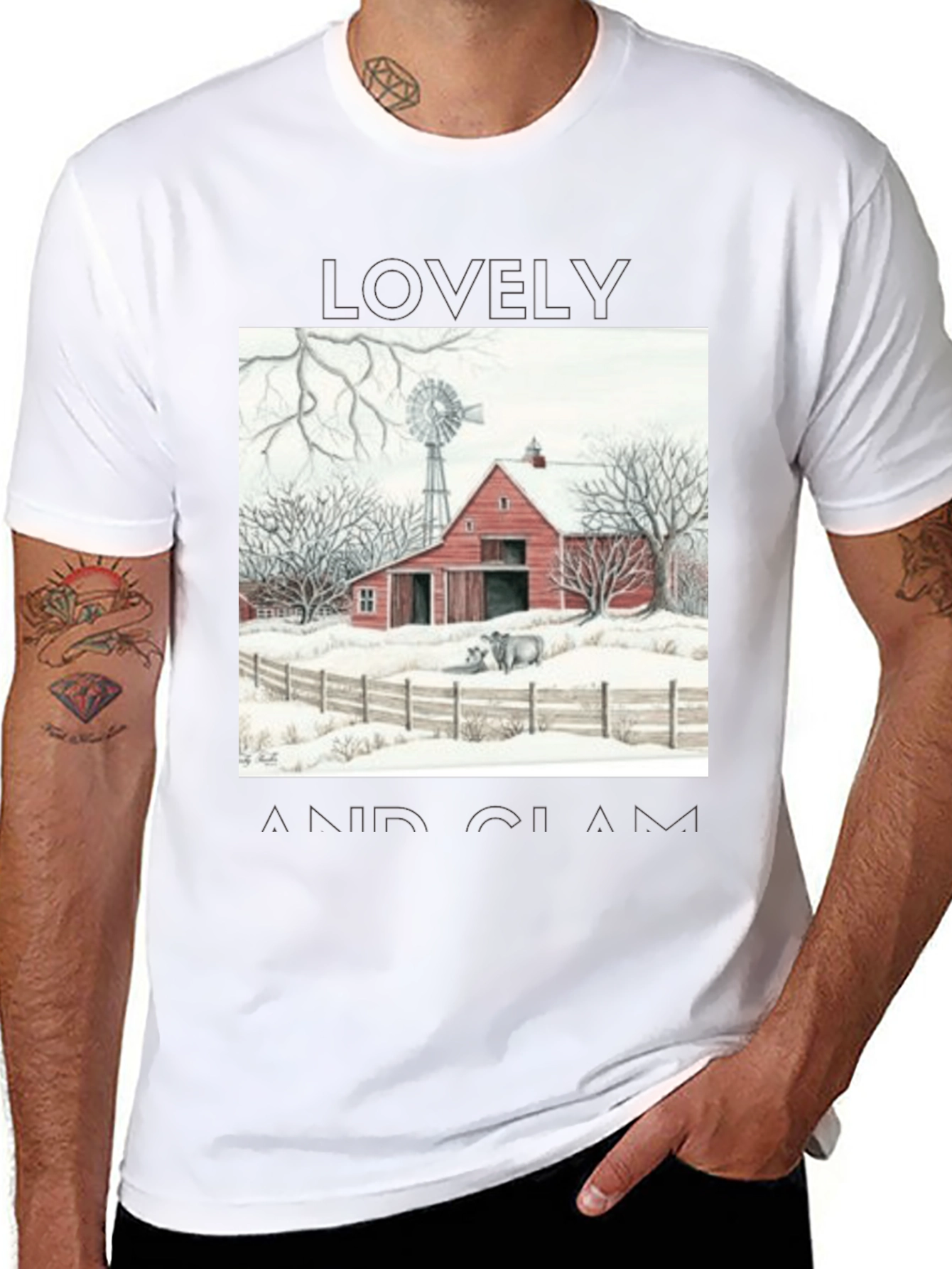 Black Rustic Barn Winter Scene Graphic Tee view 8