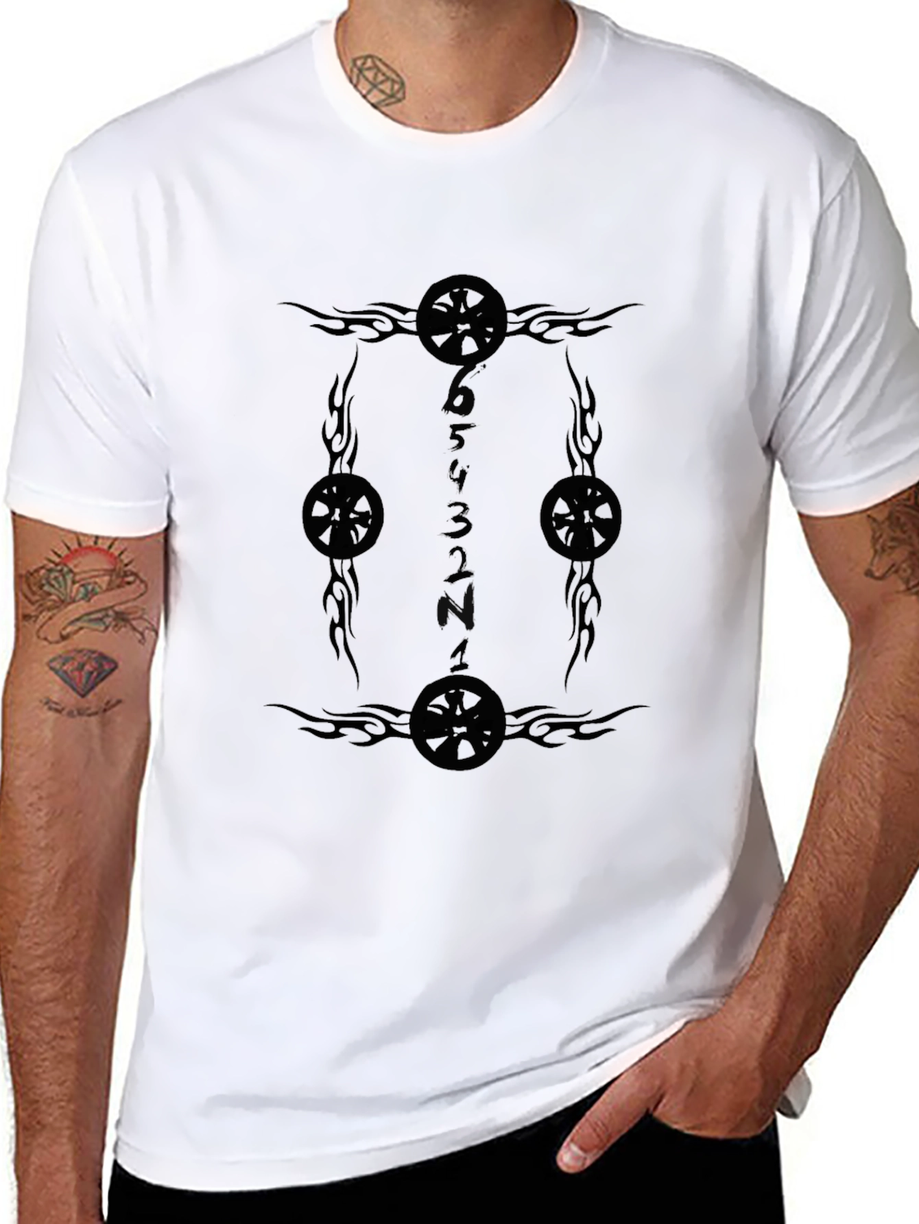 Black Men's Black T-Shirt with Wheel and Number Design view 8