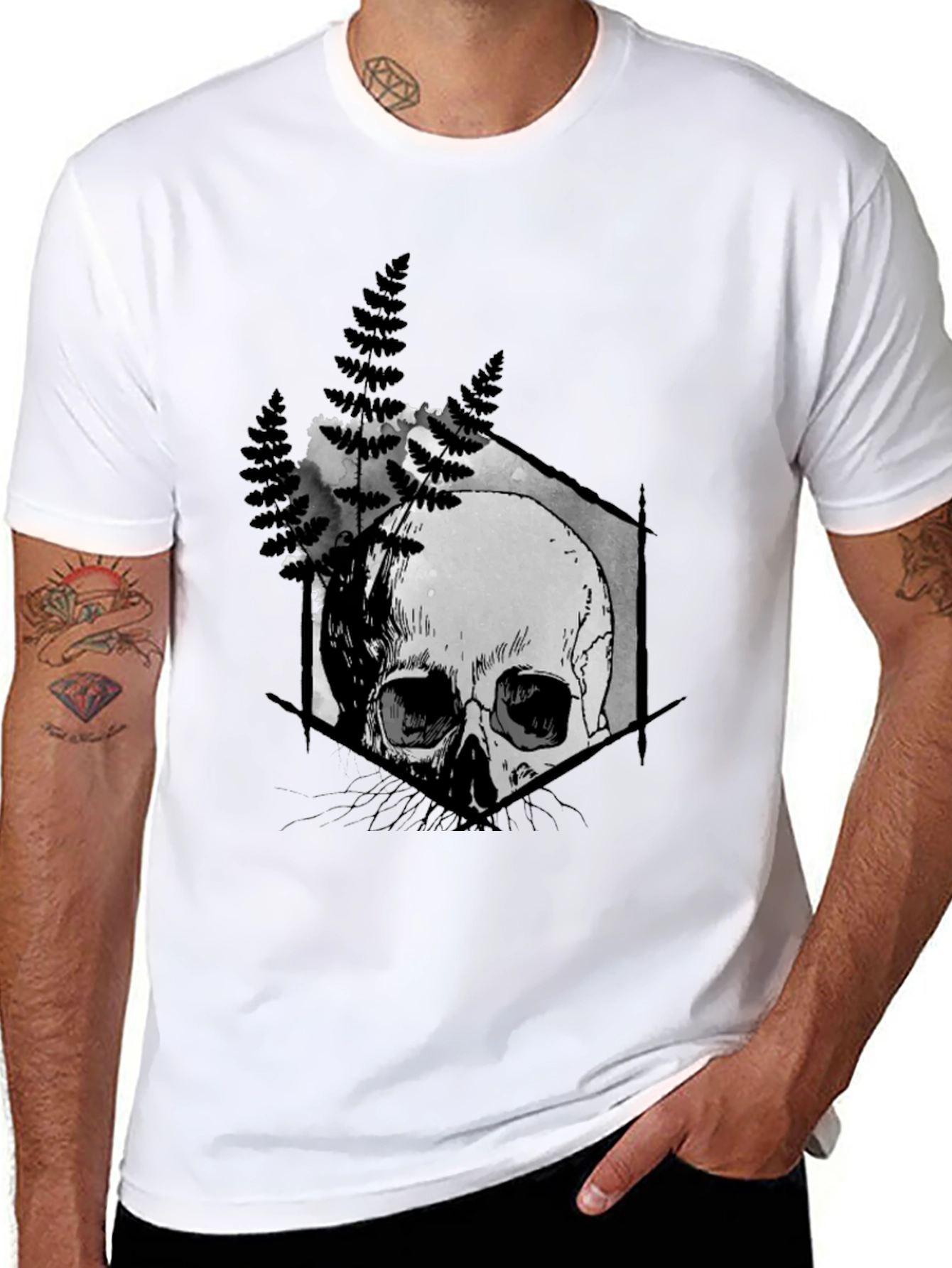 Black Skull Fern Graphic Print Black T-Shirt view 8