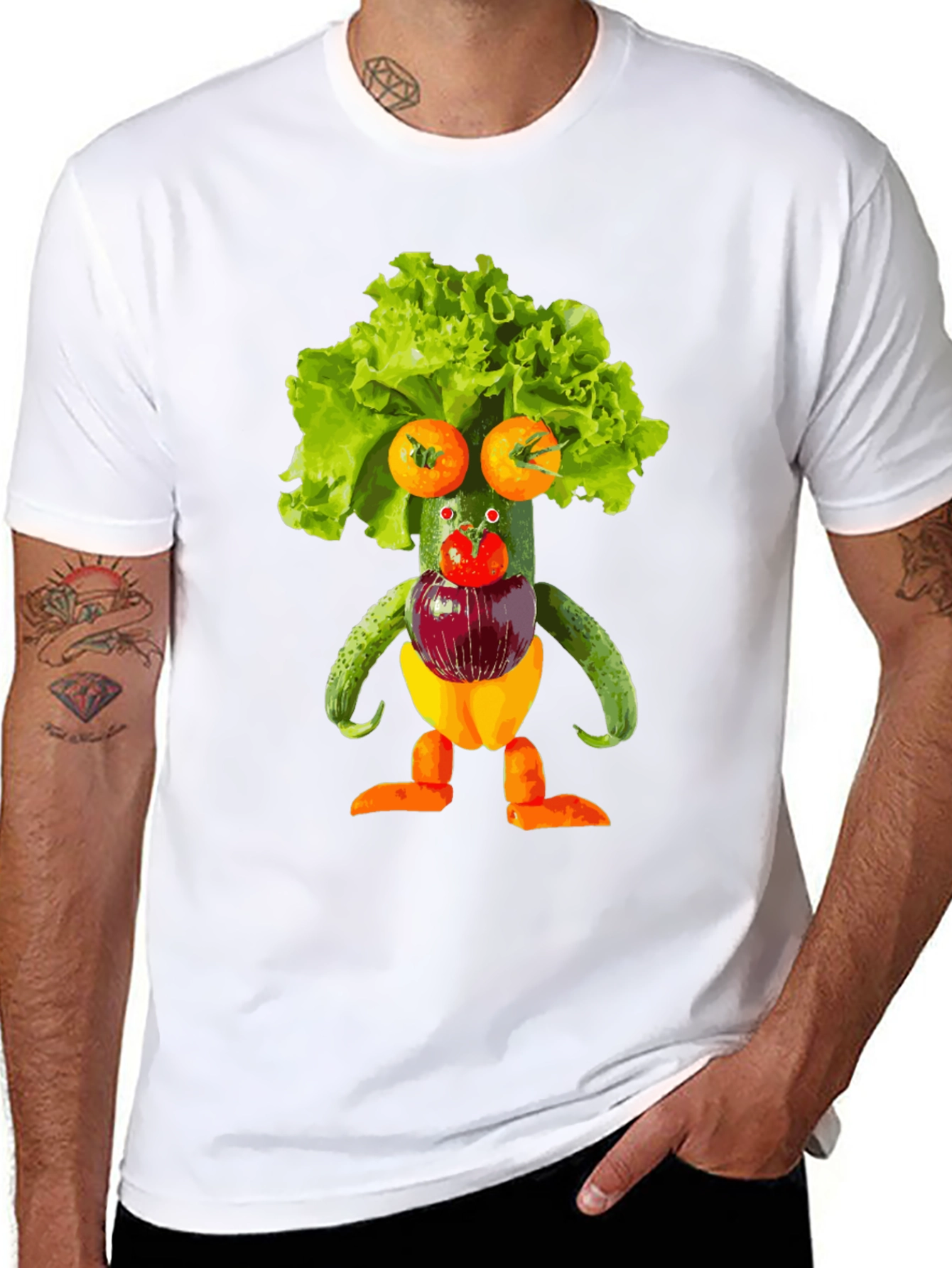 Black Whimsical Vegetable Art T-Shirt - Unique Foodie Fashion view 8