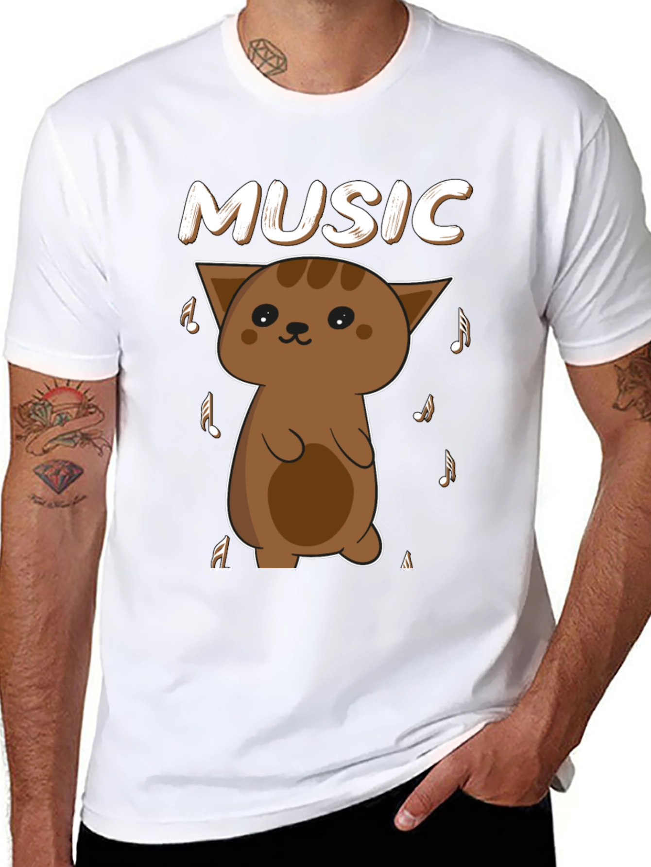 Black Cute Cat Music Lover T-Shirt - Unisex Soft Cotton Tee view 8