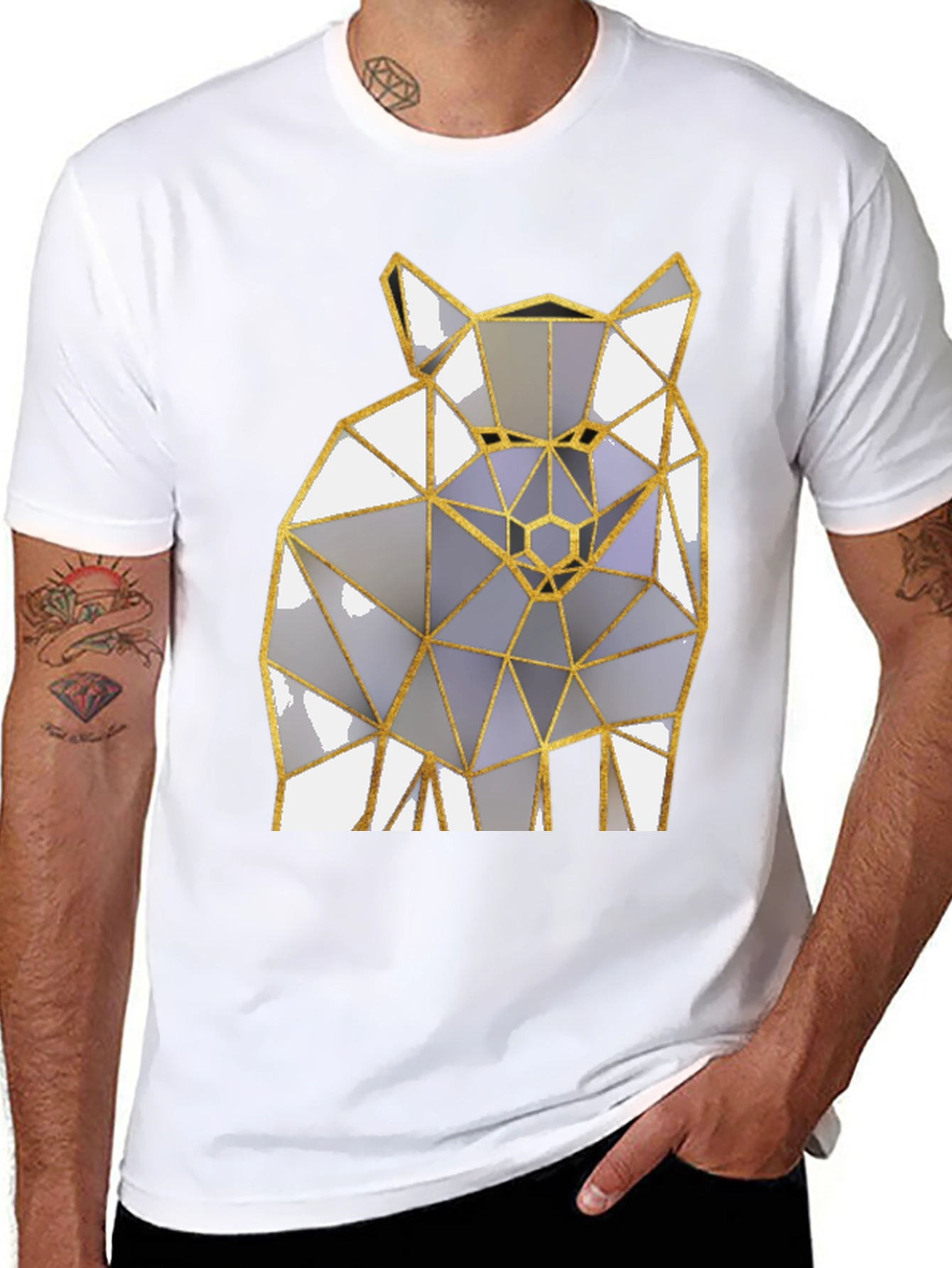 Black Geometric Wolf Graphic Tee - Modern Men's Black T-Shirt view 8