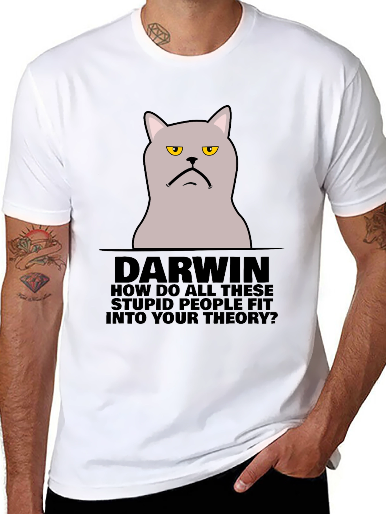 Black Darwin Cat T-Shirt - Funny Theory Design view 8