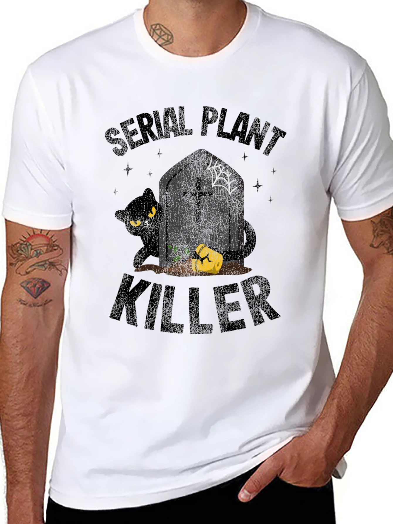 Black Serial Plant Killer T-Shirt - Halloween Cat Design view 8
