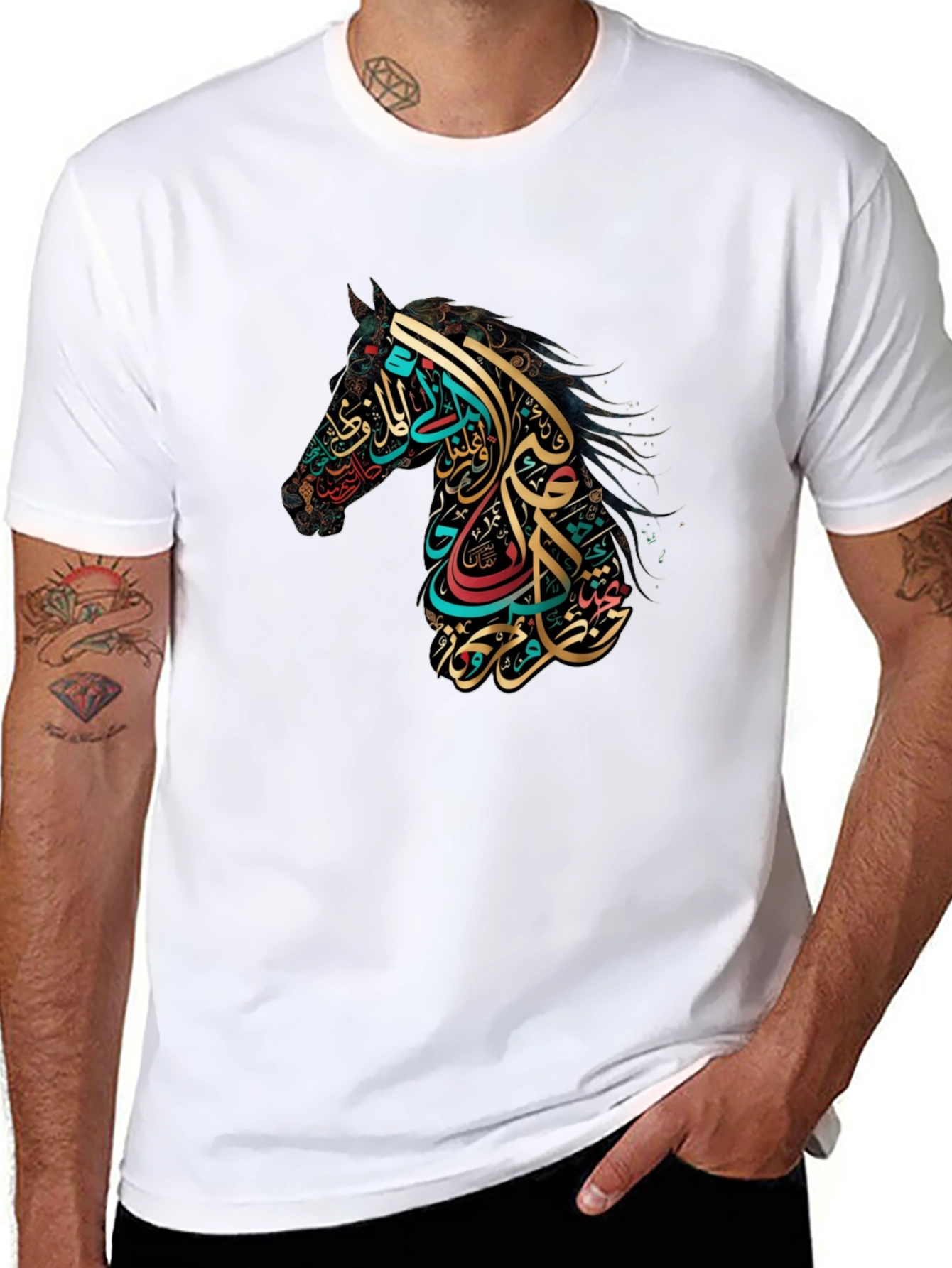 Black Arabic Calligraphy Horse Graphic Tee view 8