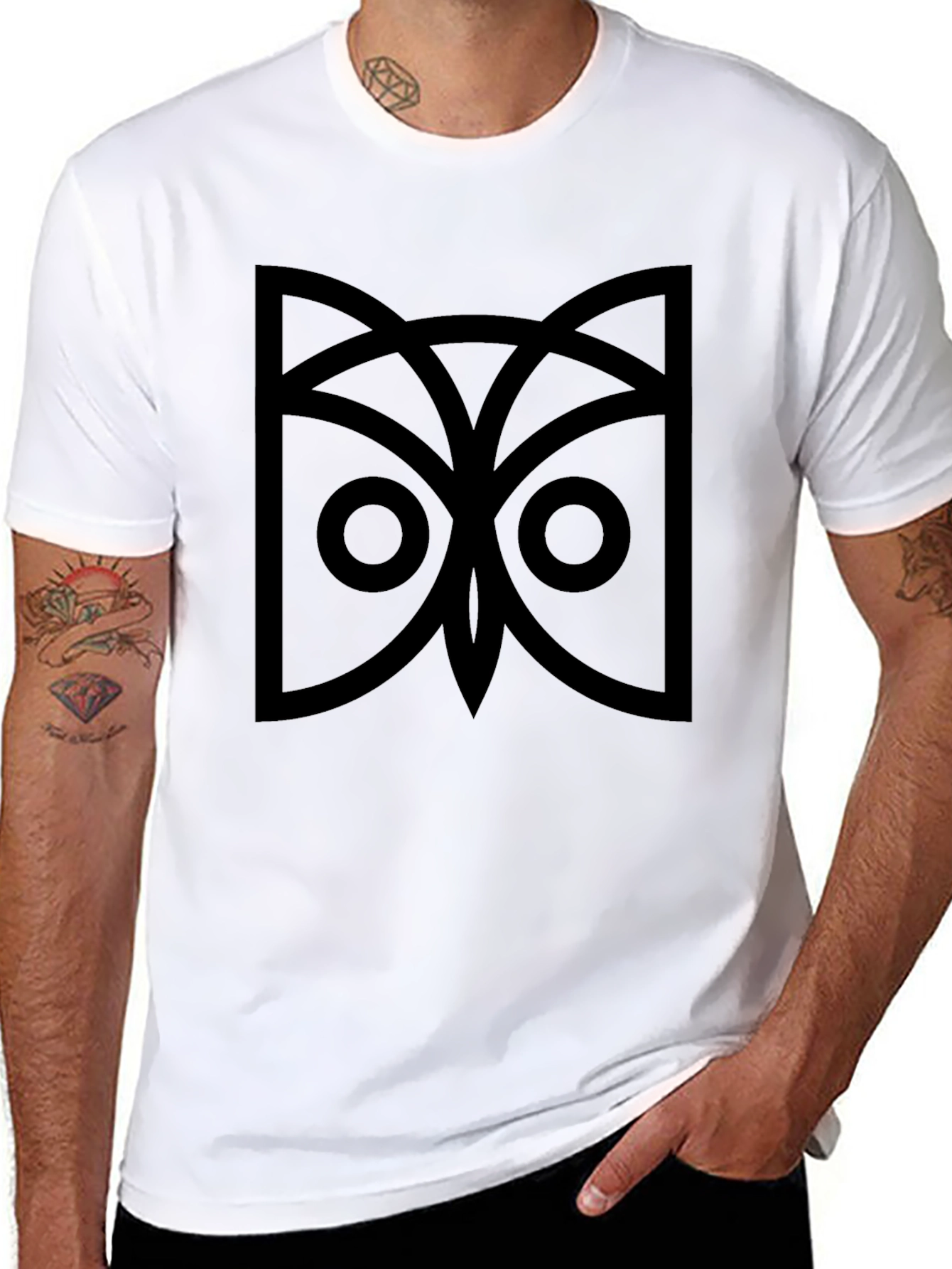 Black Geometric Owl Graphic Tee - Black Cotton Comfort view 8