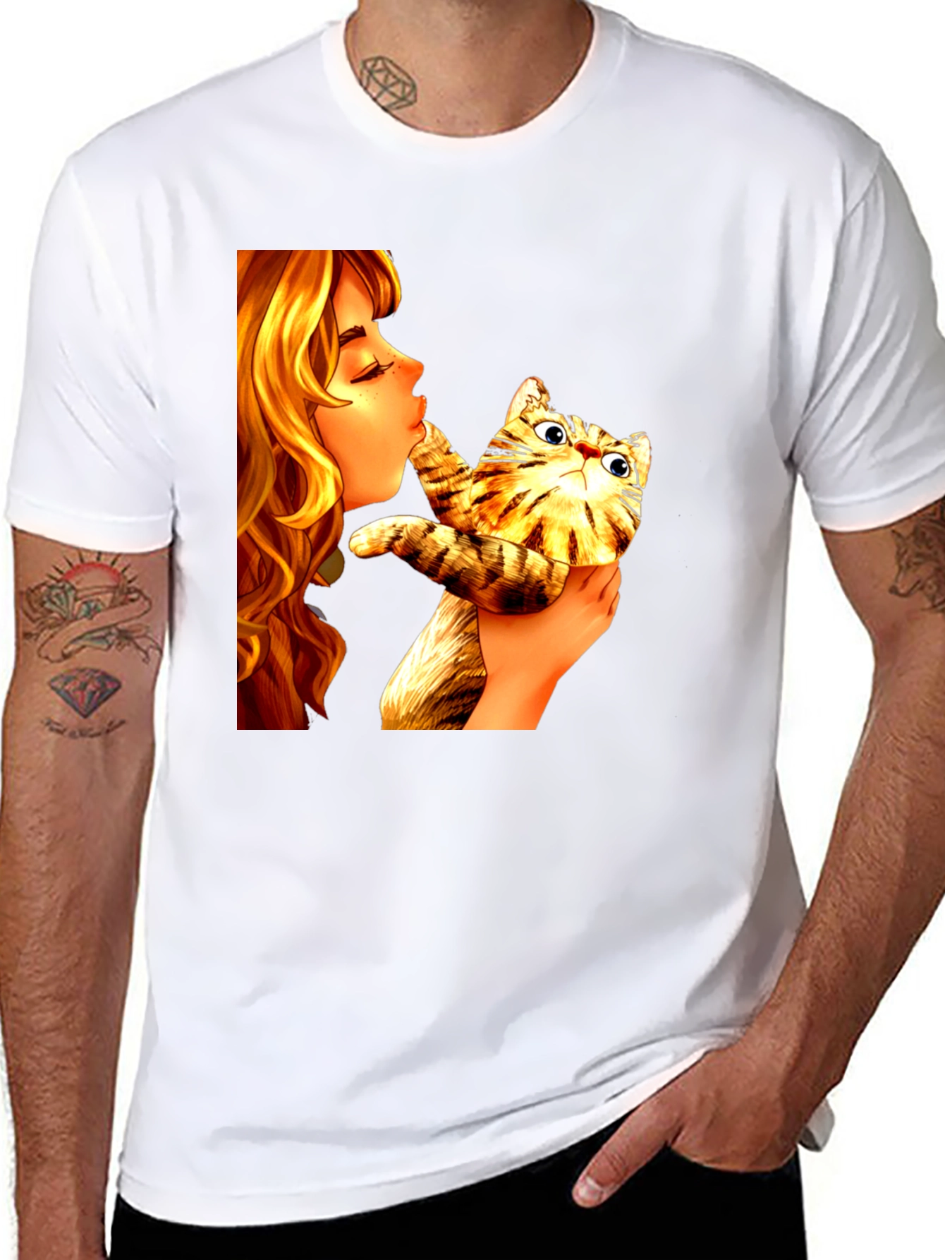 Black Girl Kissing Cat Graphic Tee - Novelty Unisex T-Shirt view 8