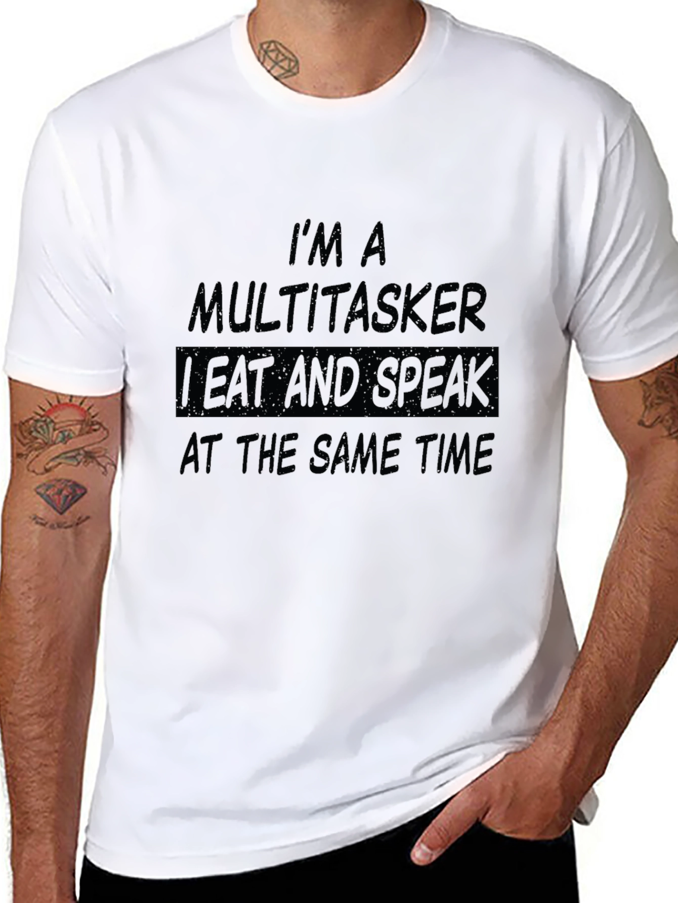 Black Multitasker Humor T-Shirt - I Eat and Speak Funny Tee view 8