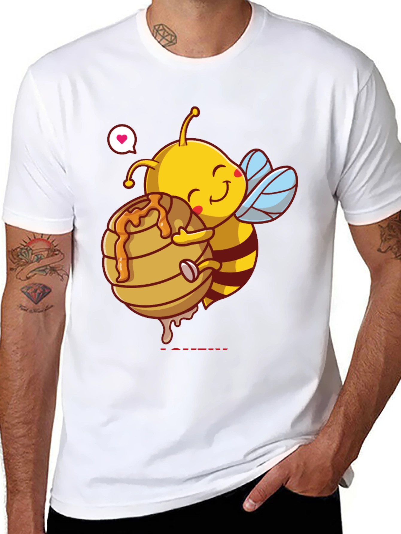 Black Cute Bee Hugging Honeycomb Graphic T-Shirt view 8