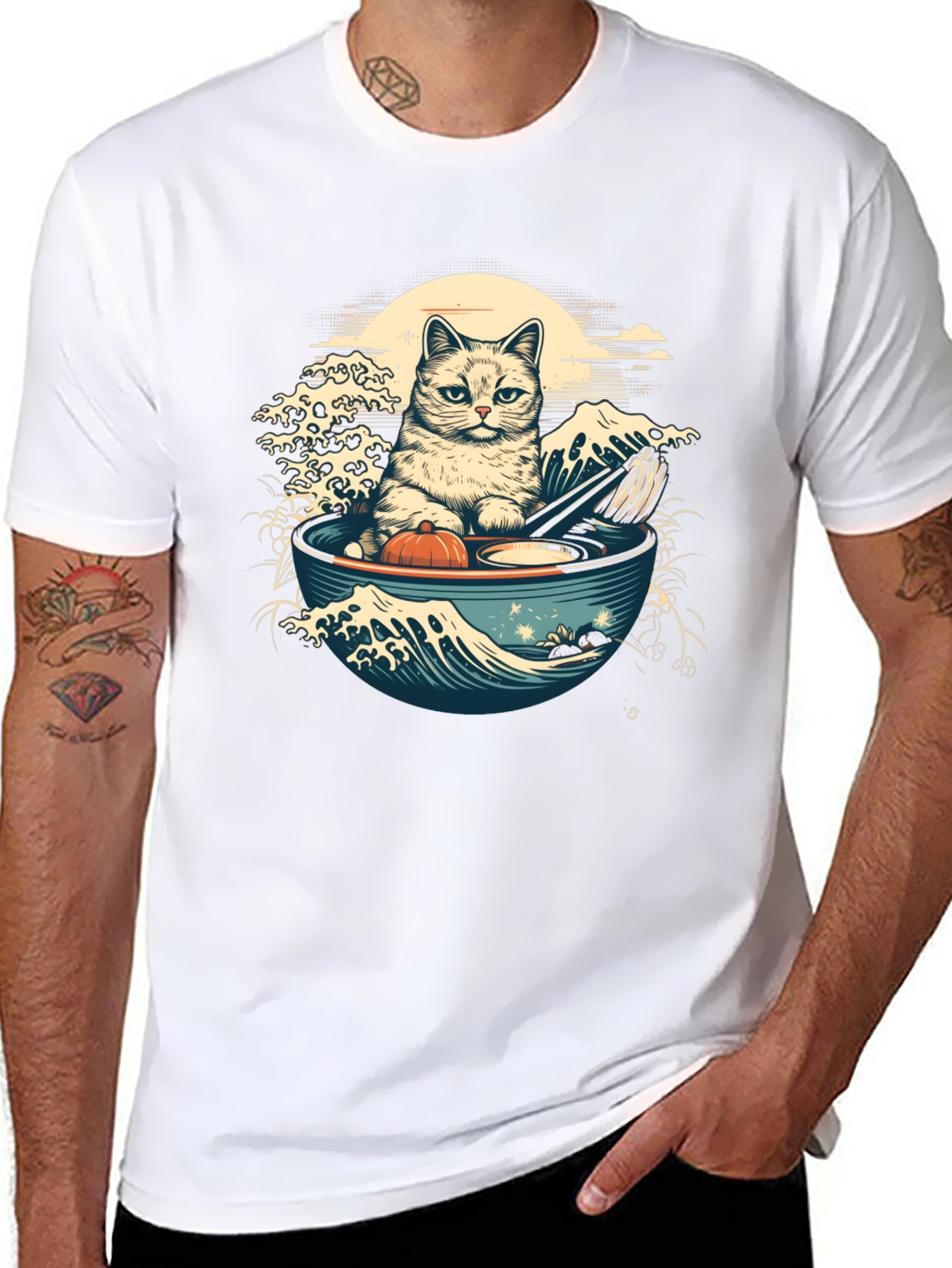 Black Cat Ramen Wave T-Shirt - Stylish Graphic Tee view 8