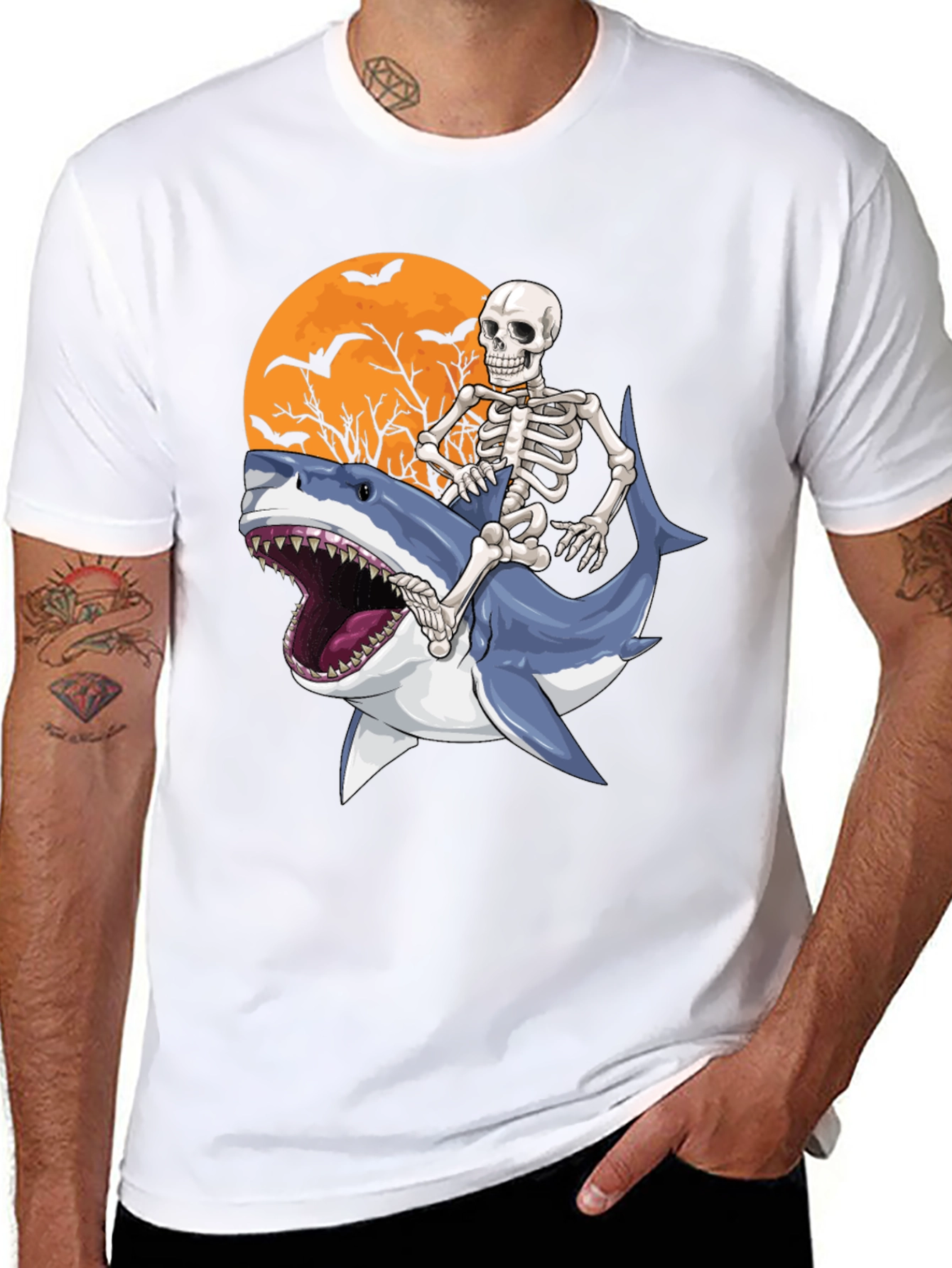 Black Skeleton Riding Shark Graphic T-Shirt - Halloween Style view 8