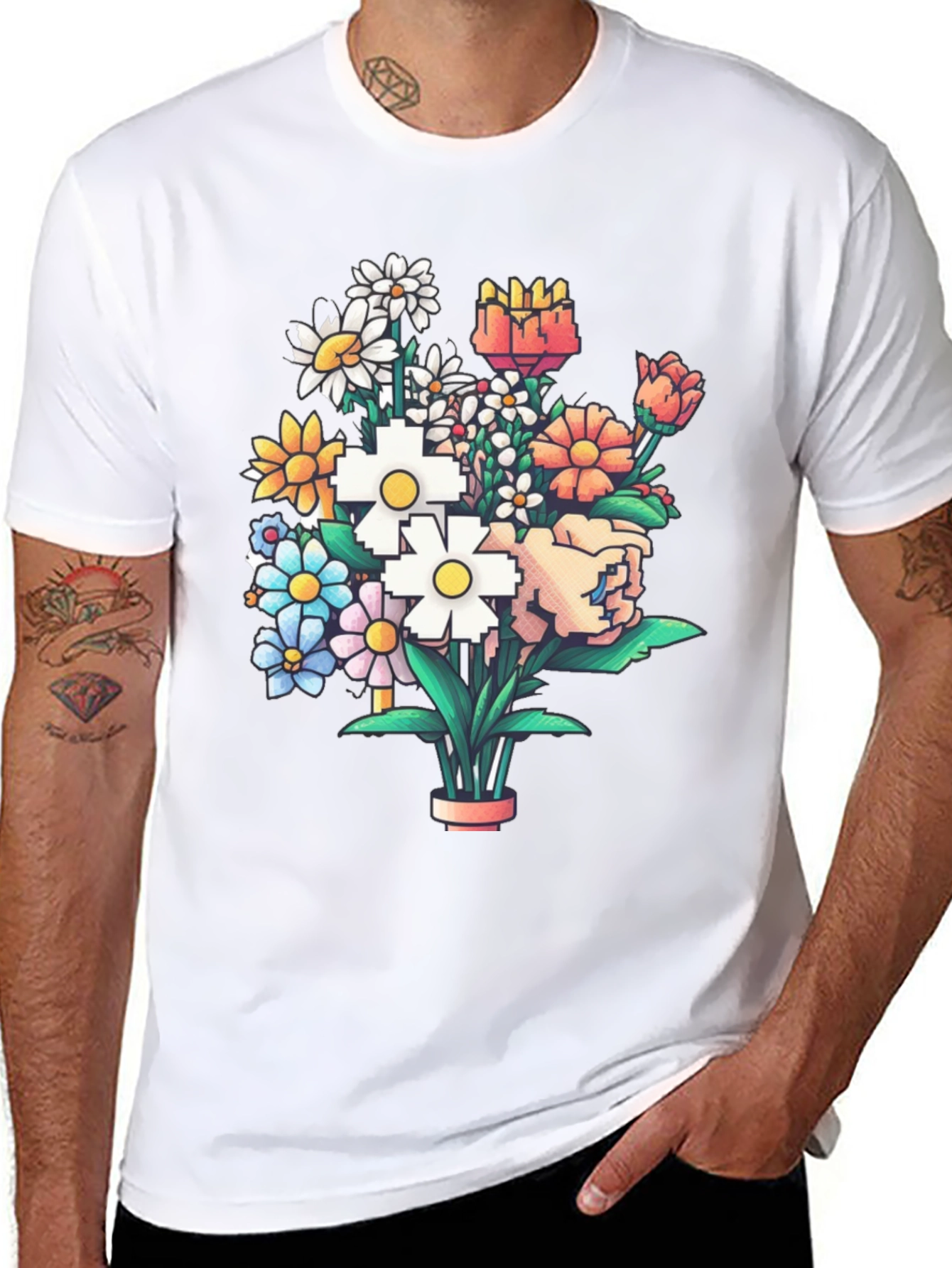 Pixel Art Floral Graphic Tee - Black Cotton Casual T-Shirt - 8