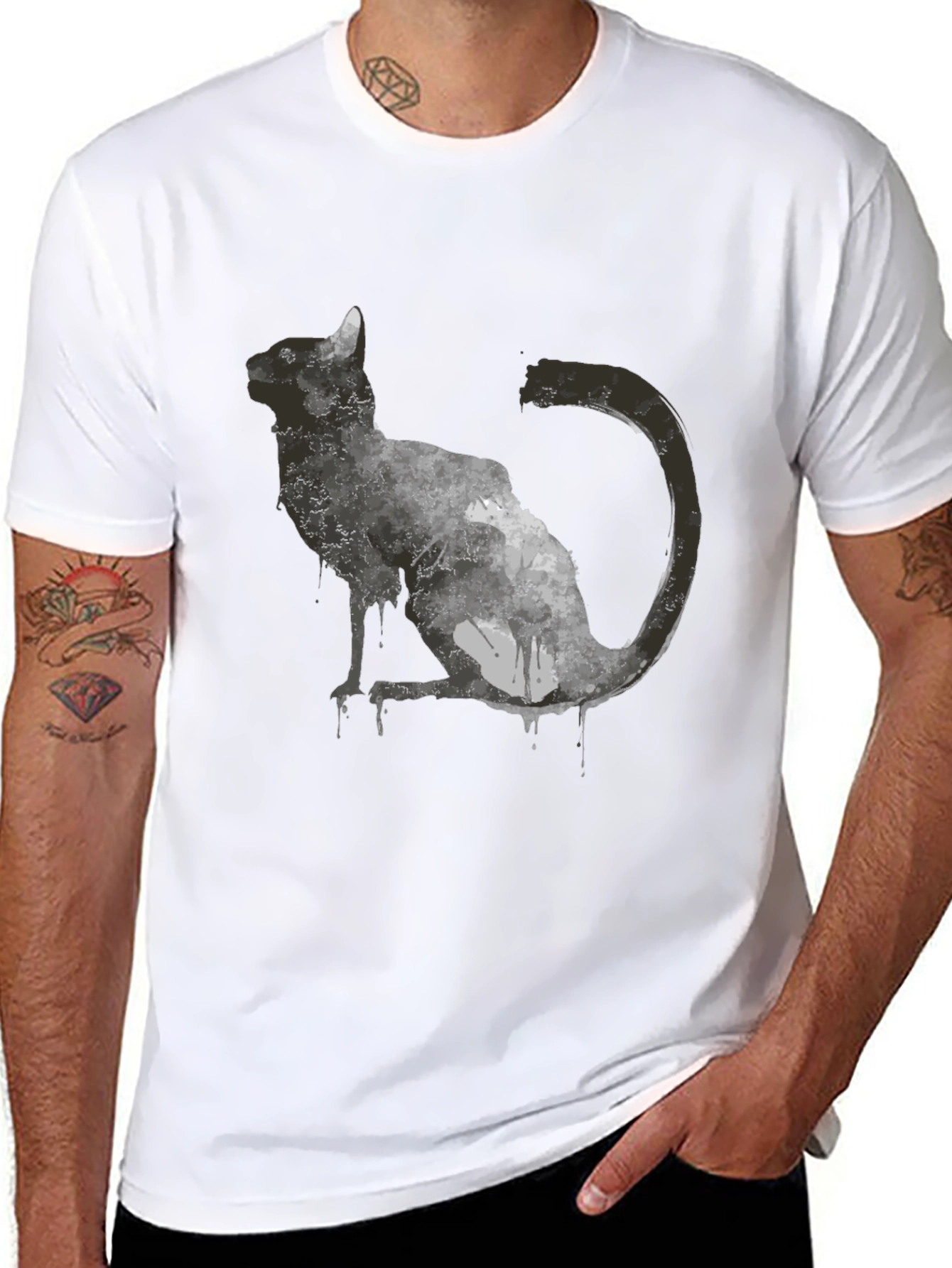Black Abstract Cat Graphic T-Shirt - Black view 8
