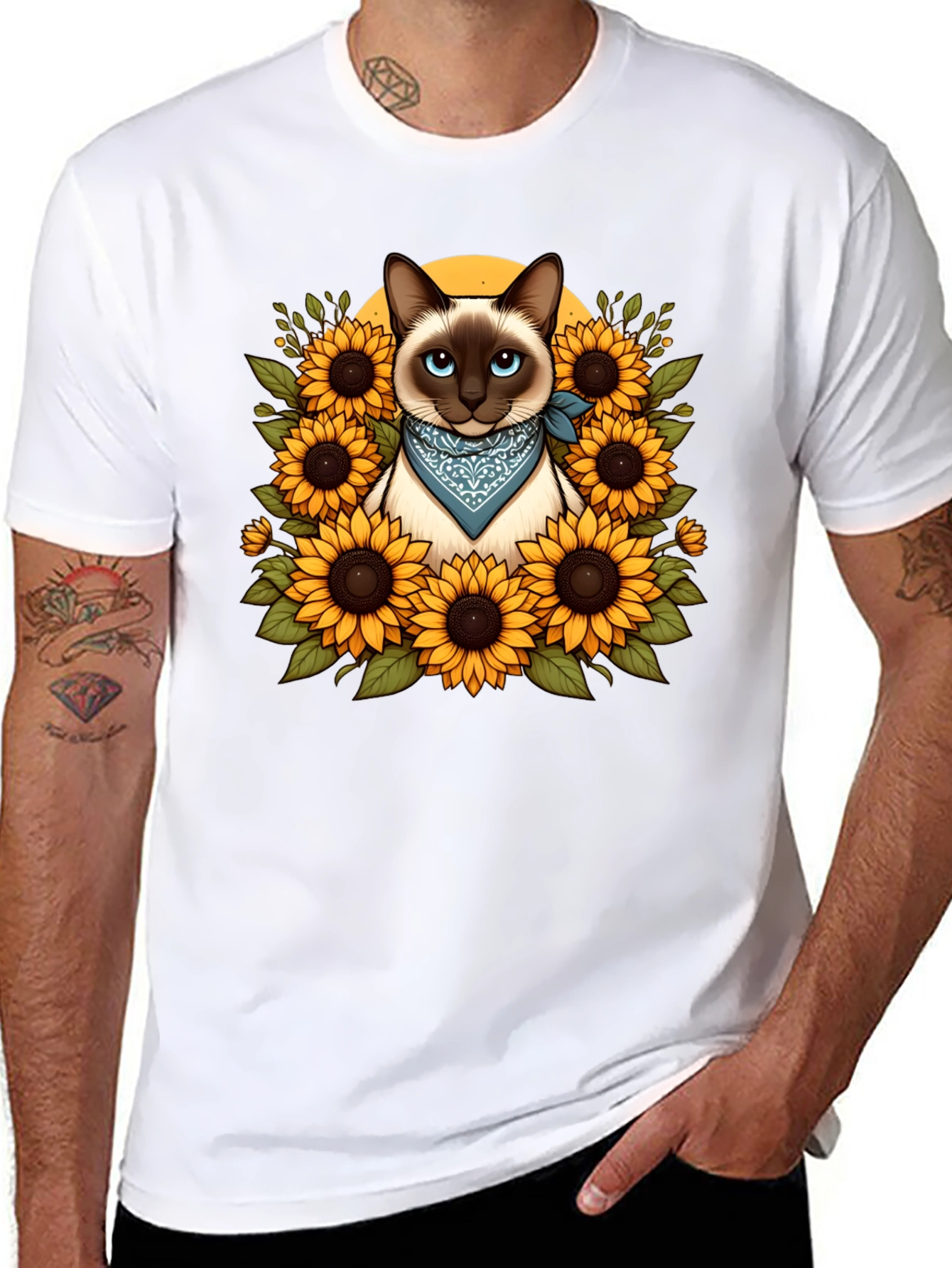 Black Siamese Cat Sunflower Graphic T-Shirt view 8
