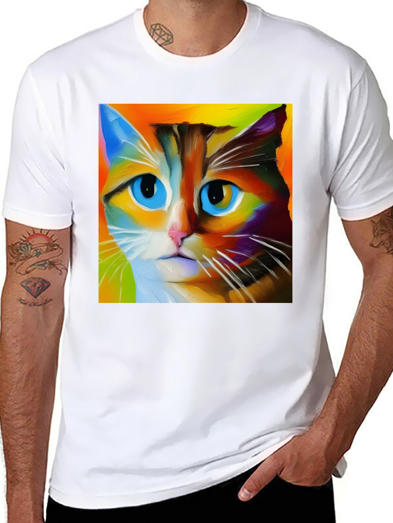 Black Colorful Cat Art T-Shirt view 8