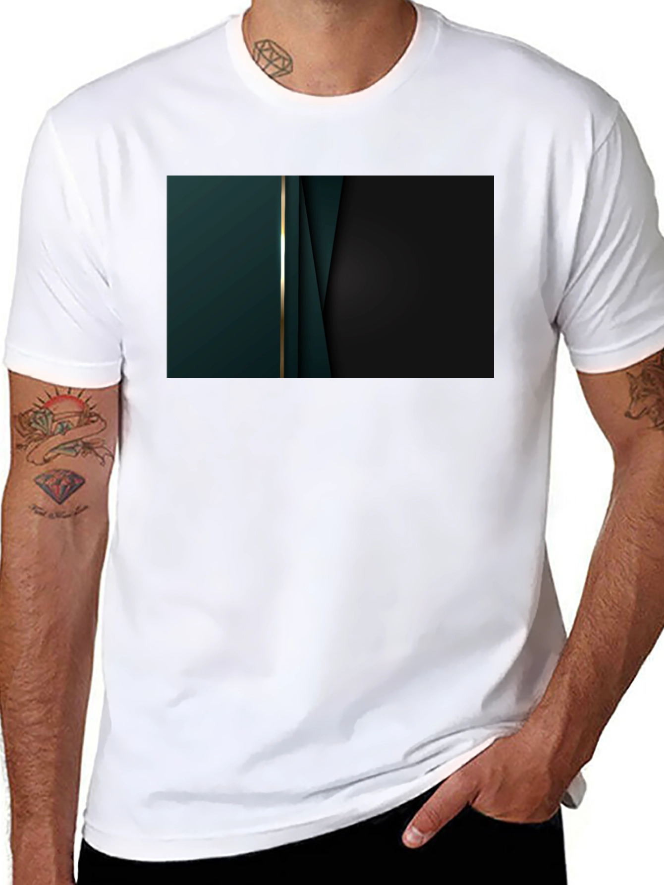 Black Sleek Black Tee with Abstract Dark Green Design view 8