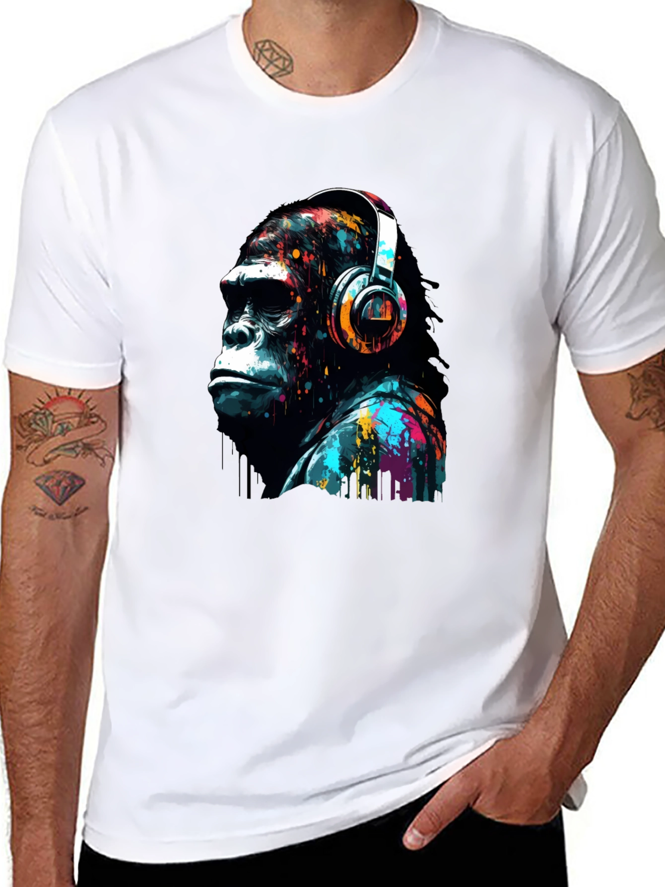 Black Gorilla Headphone Graphic Print Black T-Shirt view 8
