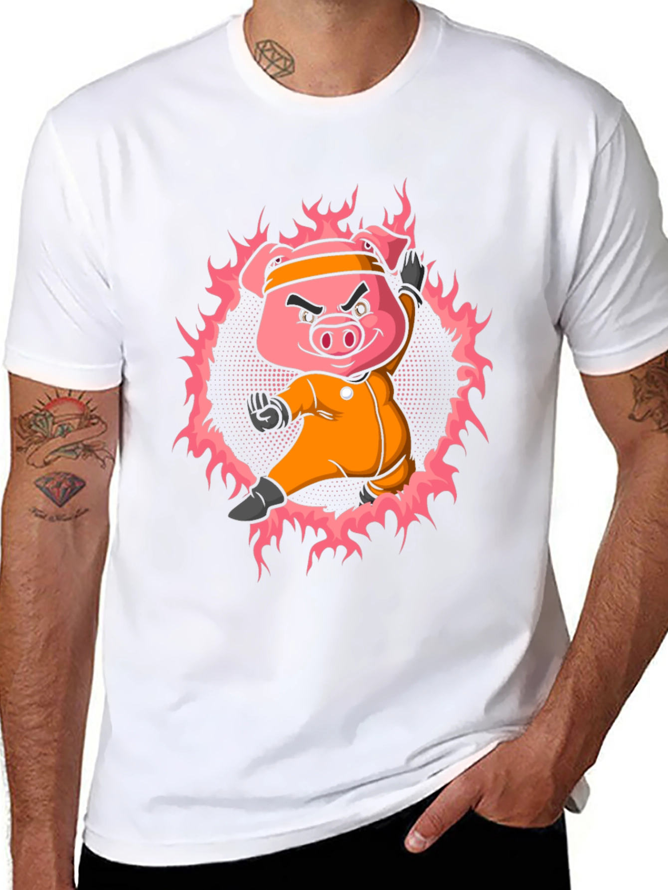 Black Karate Pig T-Shirt - Black Cotton Tee view 8