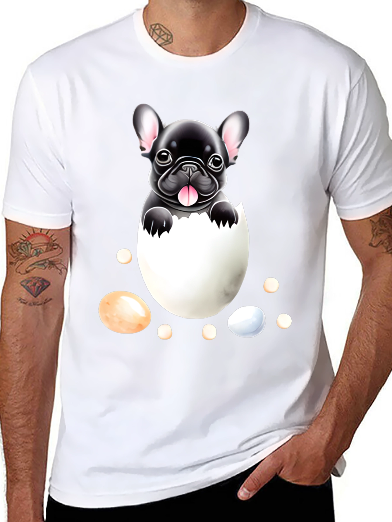 Black Bulldog Puppy in Egg Graphic Tee view 8