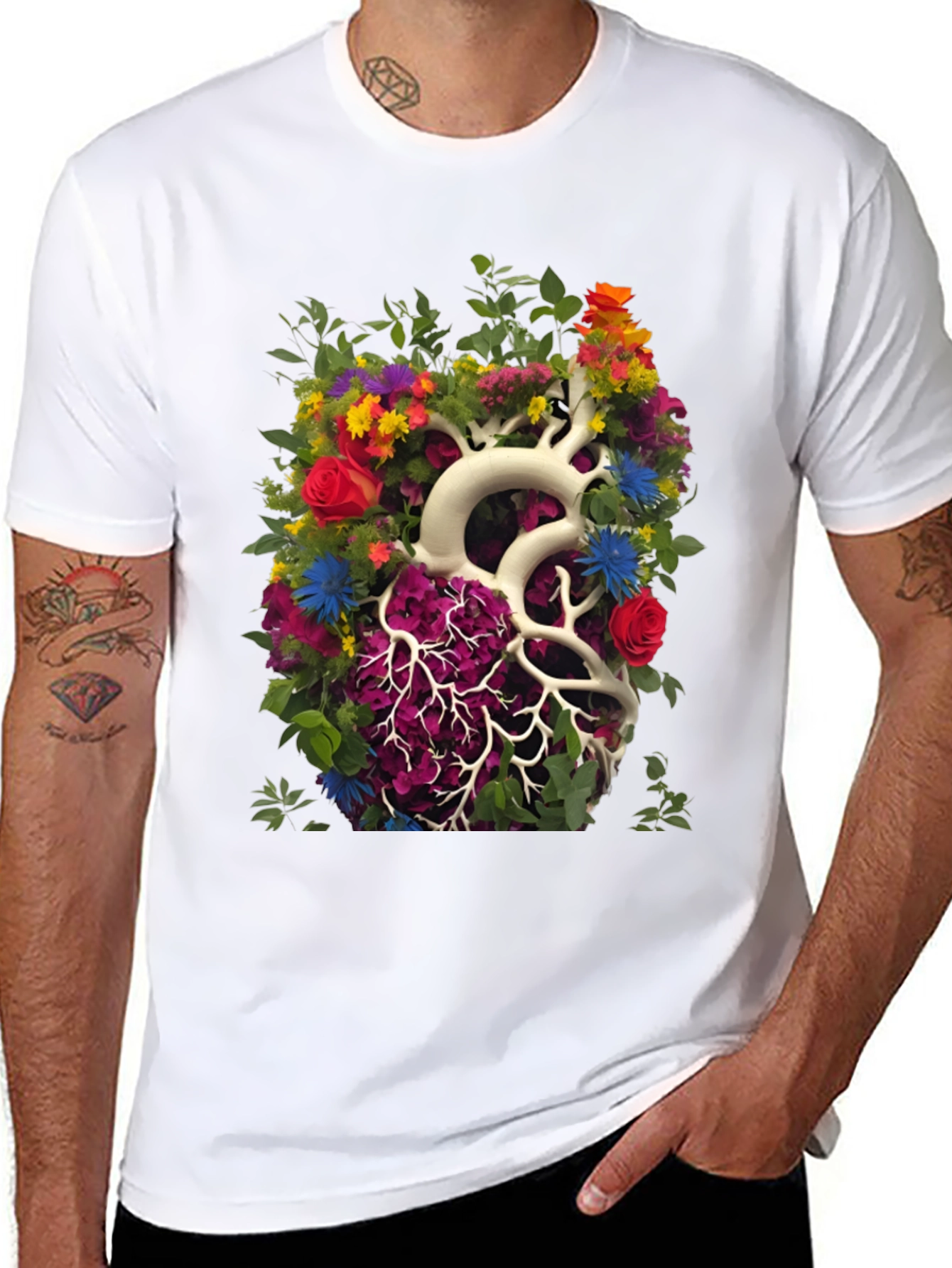 Black Floral Heart Anatomy T-Shirt - Unique Graphic Tee view 8